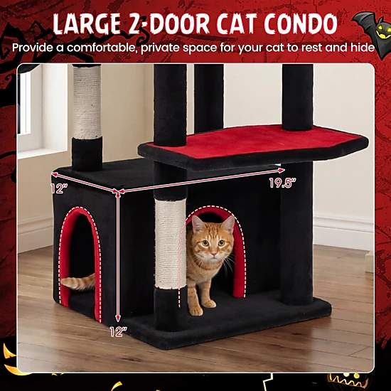 SUGIFT 63-in Black and Red Gothic Cat Tree Tower with Top Cave Condo for Large Cats 19.5-in Square Base