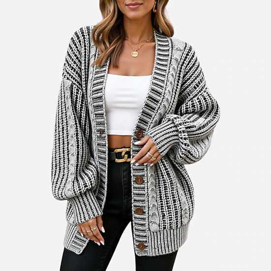 Anna-Kaci Women's Striped Knit Cardigan with Button Front and Drop Shoulder Design