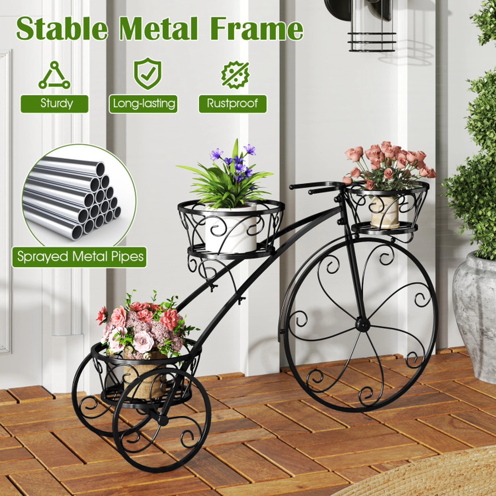 SUGIFT 3-Tier Tricycle Plant Stand Flower Pot Cart Holder with 3 Hollowed Baskets 11-lb Capacity Black
