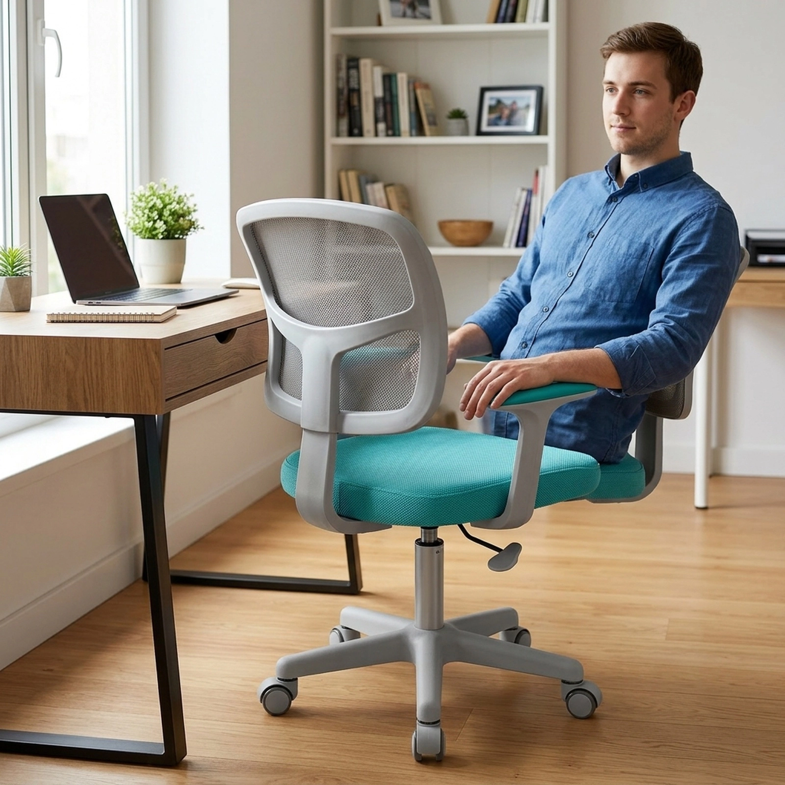SUGIFT Kids Desk Chair, Adjustable Ergonomic Study Chair with Mesh Back, Auto-Brake Casters, Turquoise