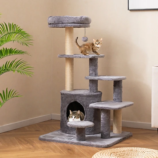 SUGIFT 40-in Beige Multi-Level Cat Tree Tower with Condo Padded Perch and Sisal Posts 23-in Square Base
