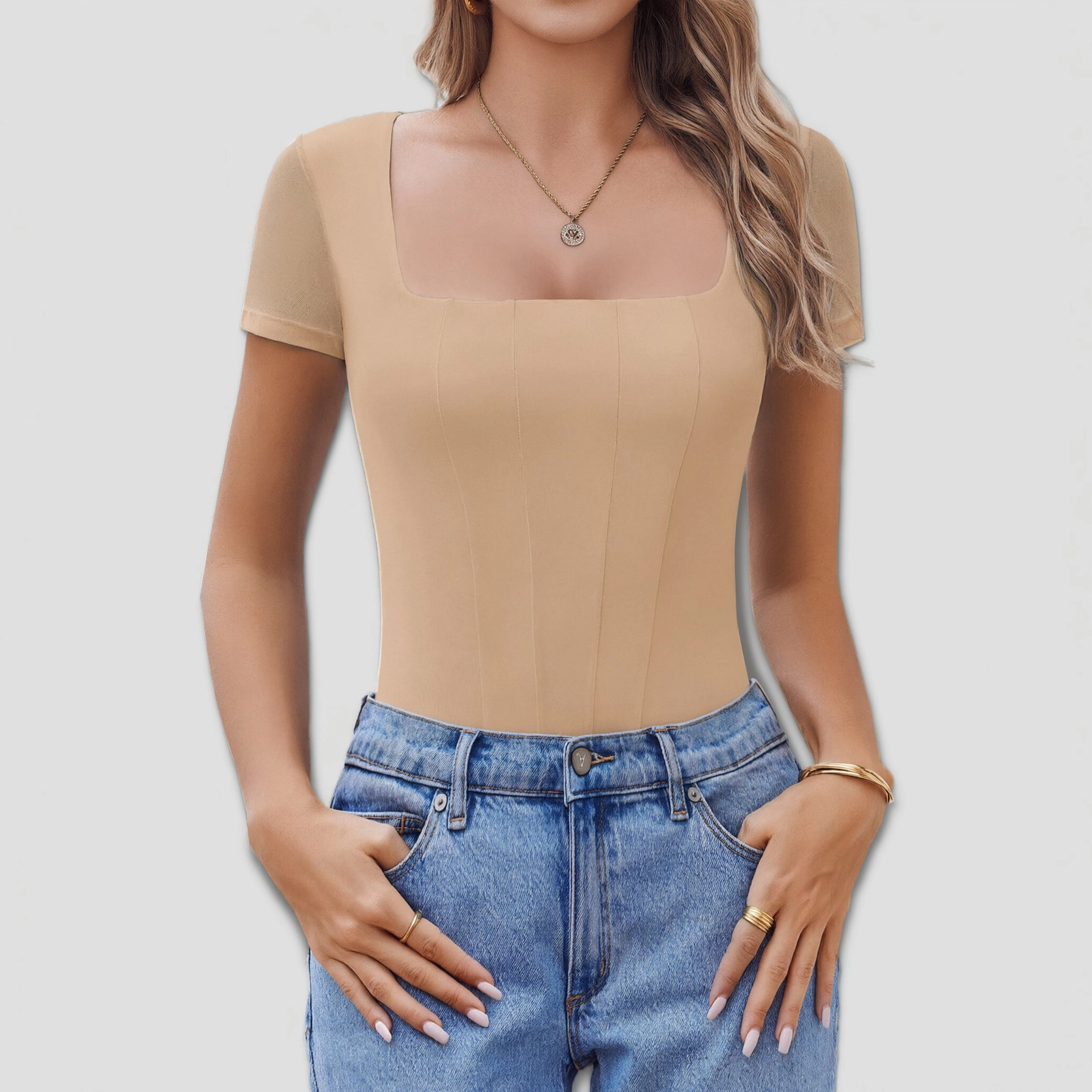 Avidlove Women's Short Sleeve Square Neck Mesh Double Lined Bodysuit Leotard
