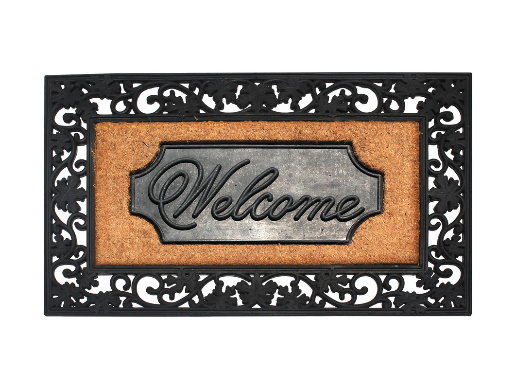 A1HC Coir and Rubber Door Mat 38x23 Inches Anti-Shed Heavy Duty Non-Slip Black Floral Border