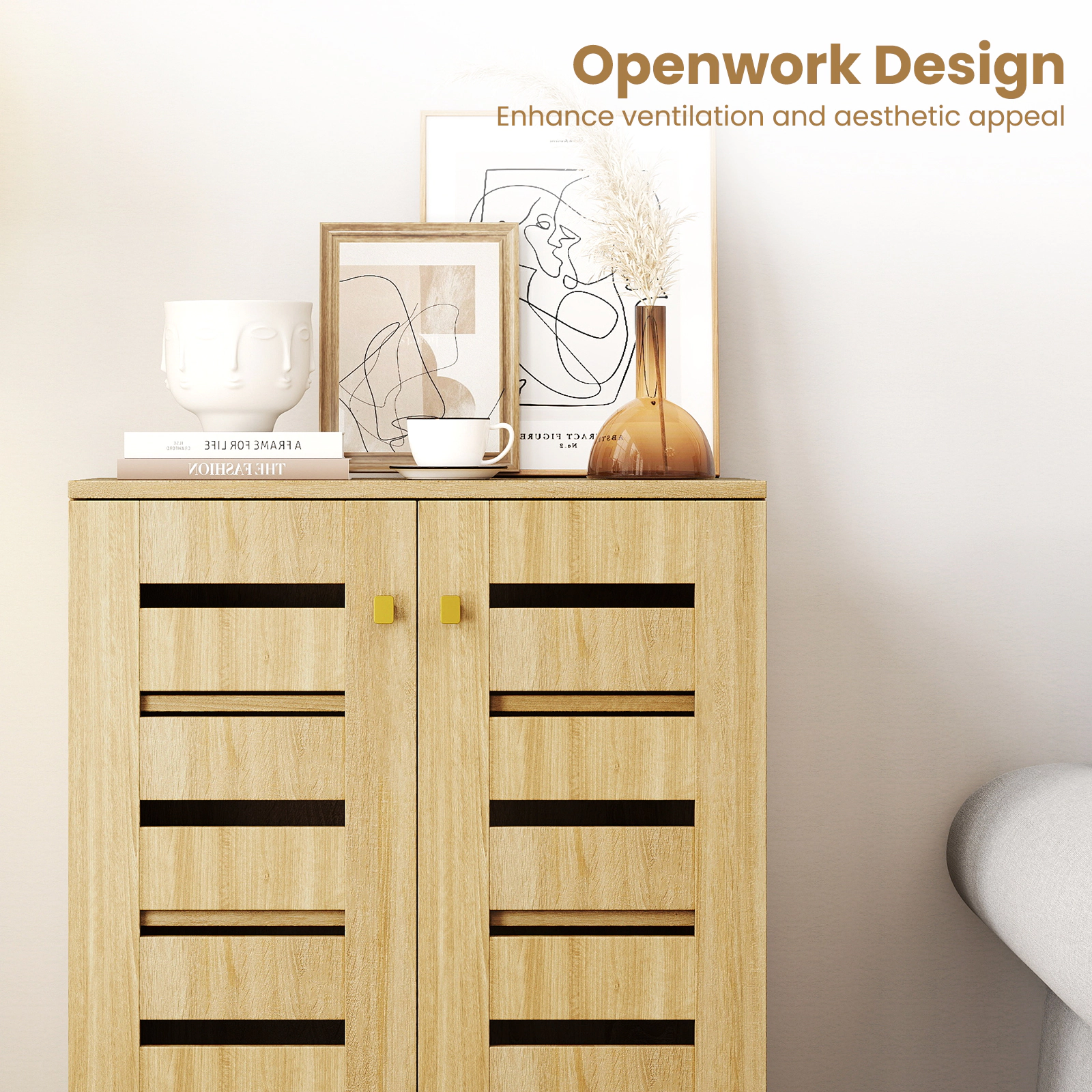 SUGIFT 4-Tier Natural 24-in Small Freestanding Wood Shoe Cabinet with Louvered Doors and Soft Close
