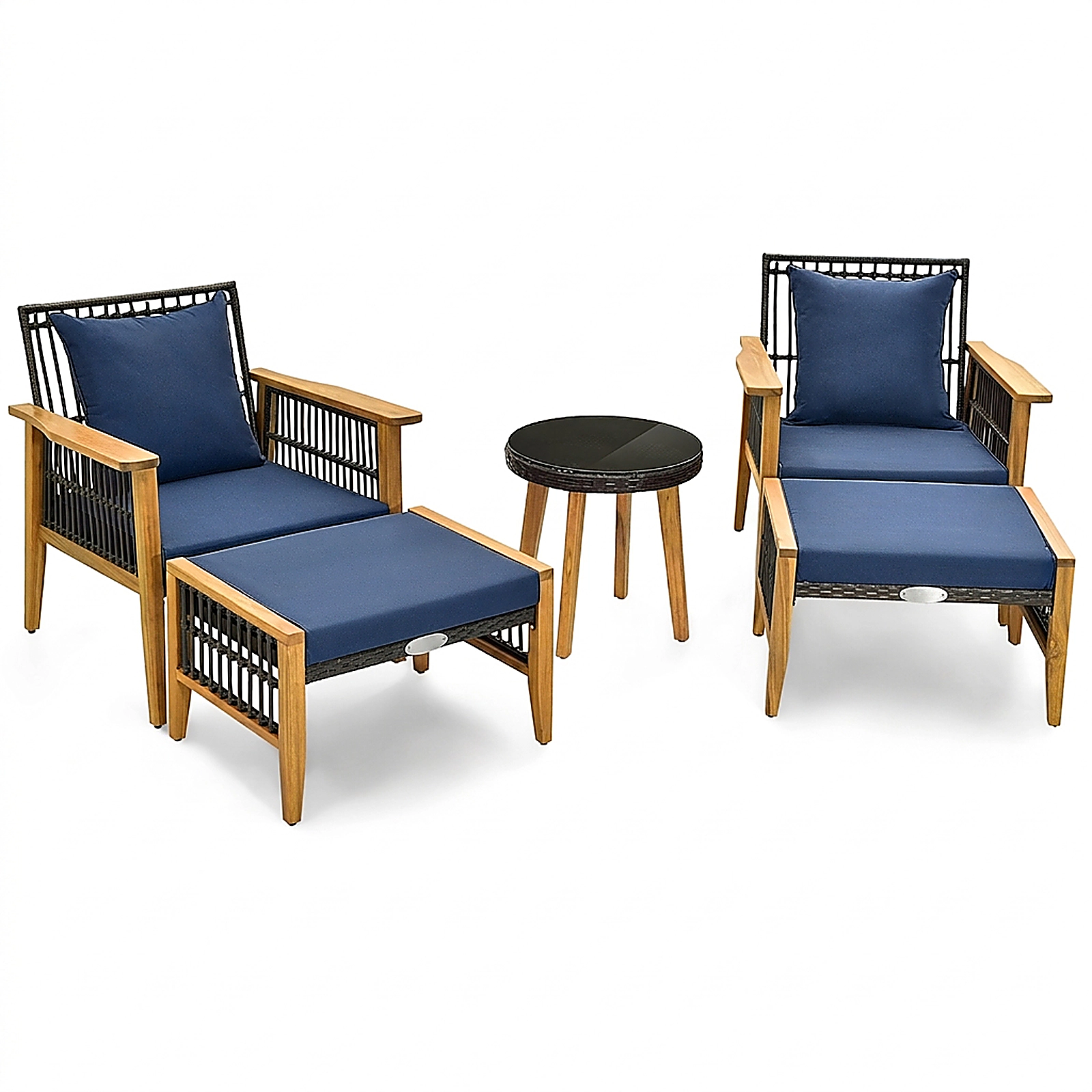 SUGIFT 2 Ottomans and Round Coffee Table 5-Piece Navy Patio Furniture Set