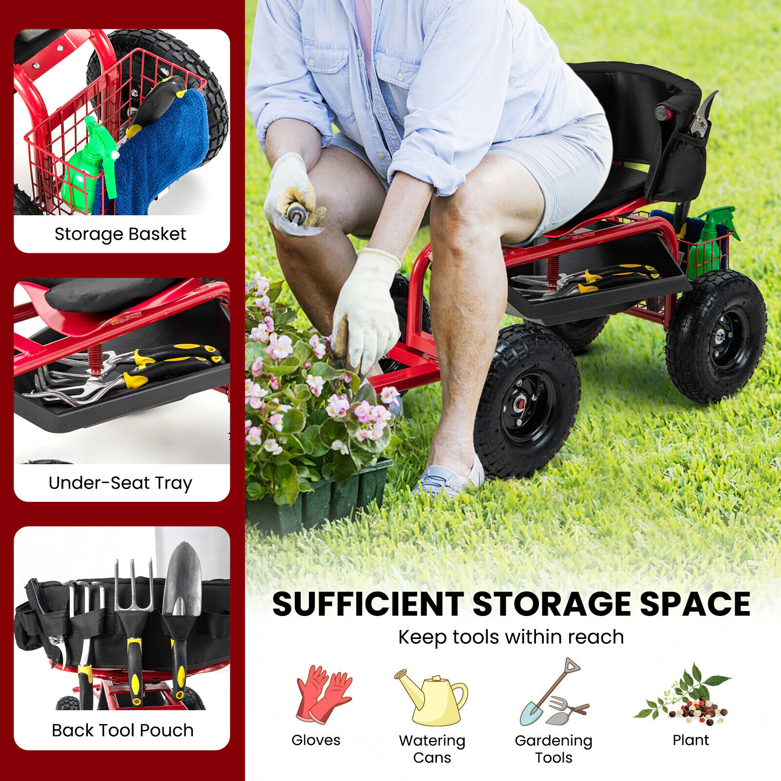 SUGIFT Rolling Garden Cart Scooter with Cushioned Seat and Adjustable Steering Handle
