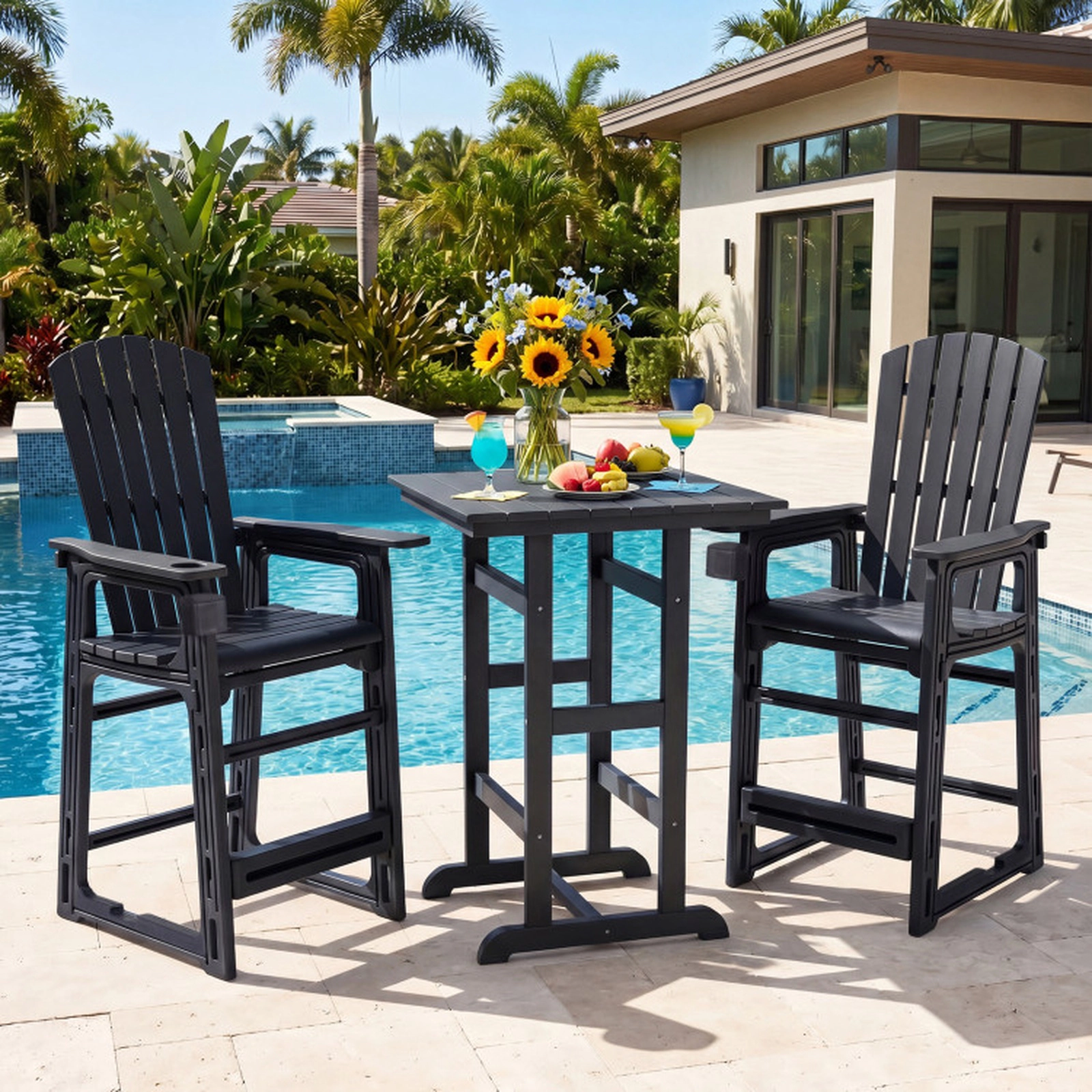 SUGIFT Black Backrest Armrests and Cup Holder Outdoor 29 Inch HDPE Bar Stool