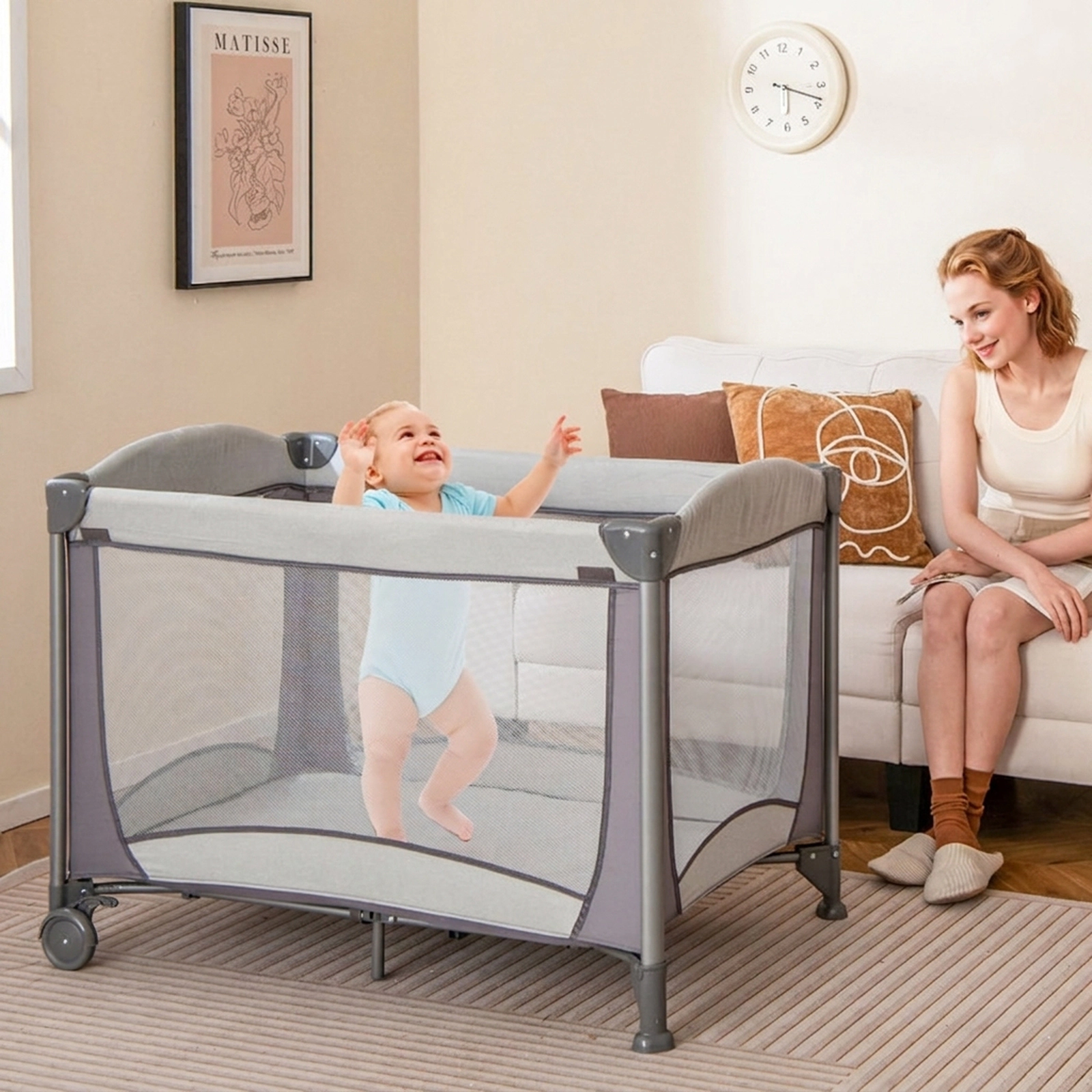 SUGIFT 5-in-1 Large Baby Play Yard with Removable Canopy Cradle 4-Sided Mesh Netting and Storage Basket