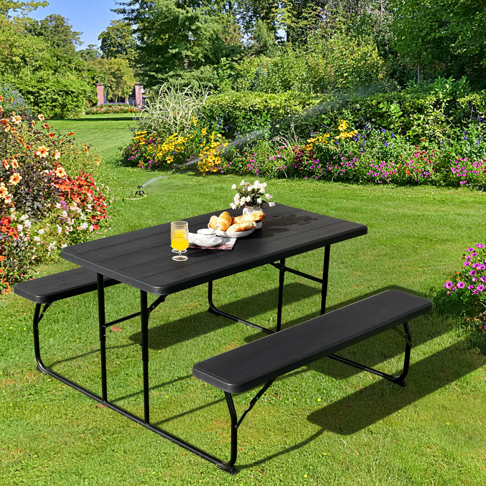 SUGIFT Indoor and Outdoor Folding Picnic Table Bench Set 550-lb Bench Capacity 330-lb Desktop Capacity Black
