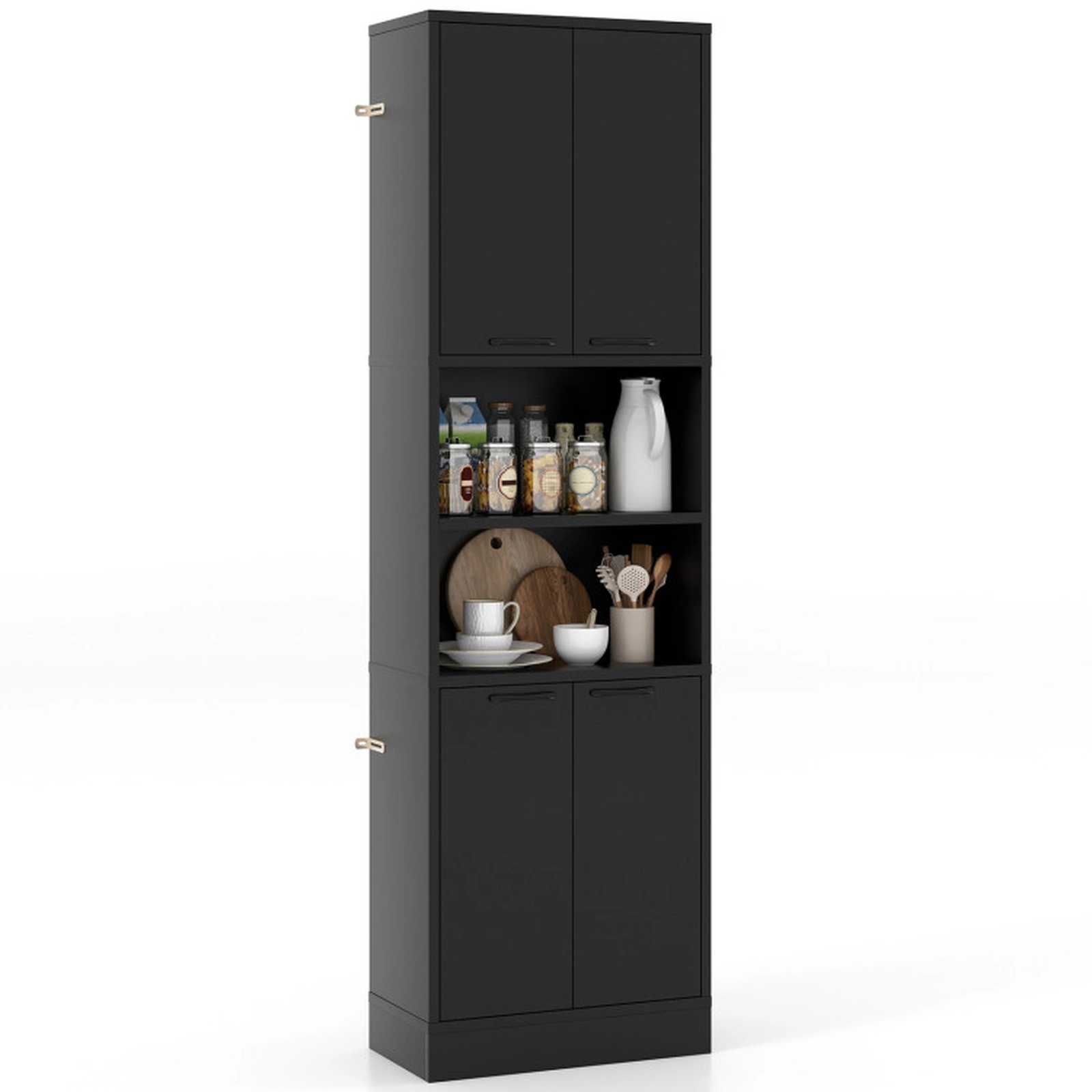 SUGIFT 75-in Slim Engineered Wood 4 Doors 2 Open Shelves Kitchen Pantry Cupboard 22-in x 12-in 300-lb Capacity Black