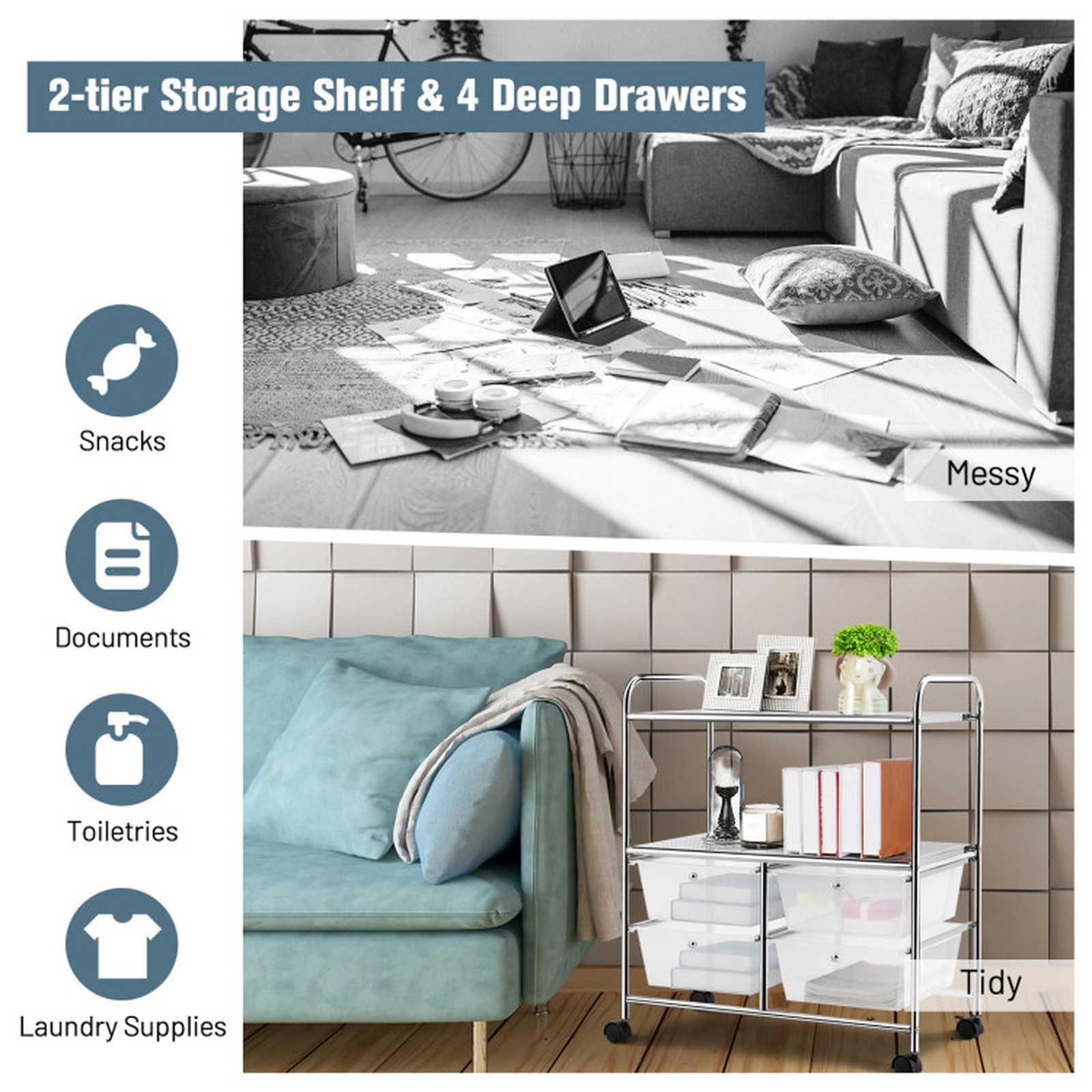 SUGIFT 4-Drawer Rolling Storage Cart with 2 Open Shelves 33-lb Capacity 25 x 14.5 x 29.5 in Clear