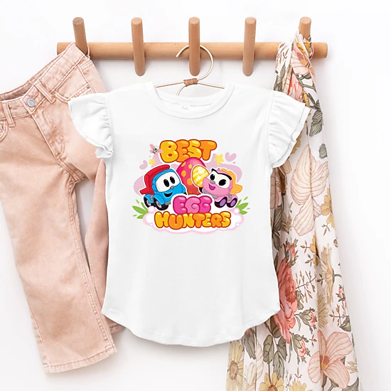 The Juniper Shop - Girl's Flutter Sleeve Graphic T-Shirt - Leo the Truck Best Egg Hunters
