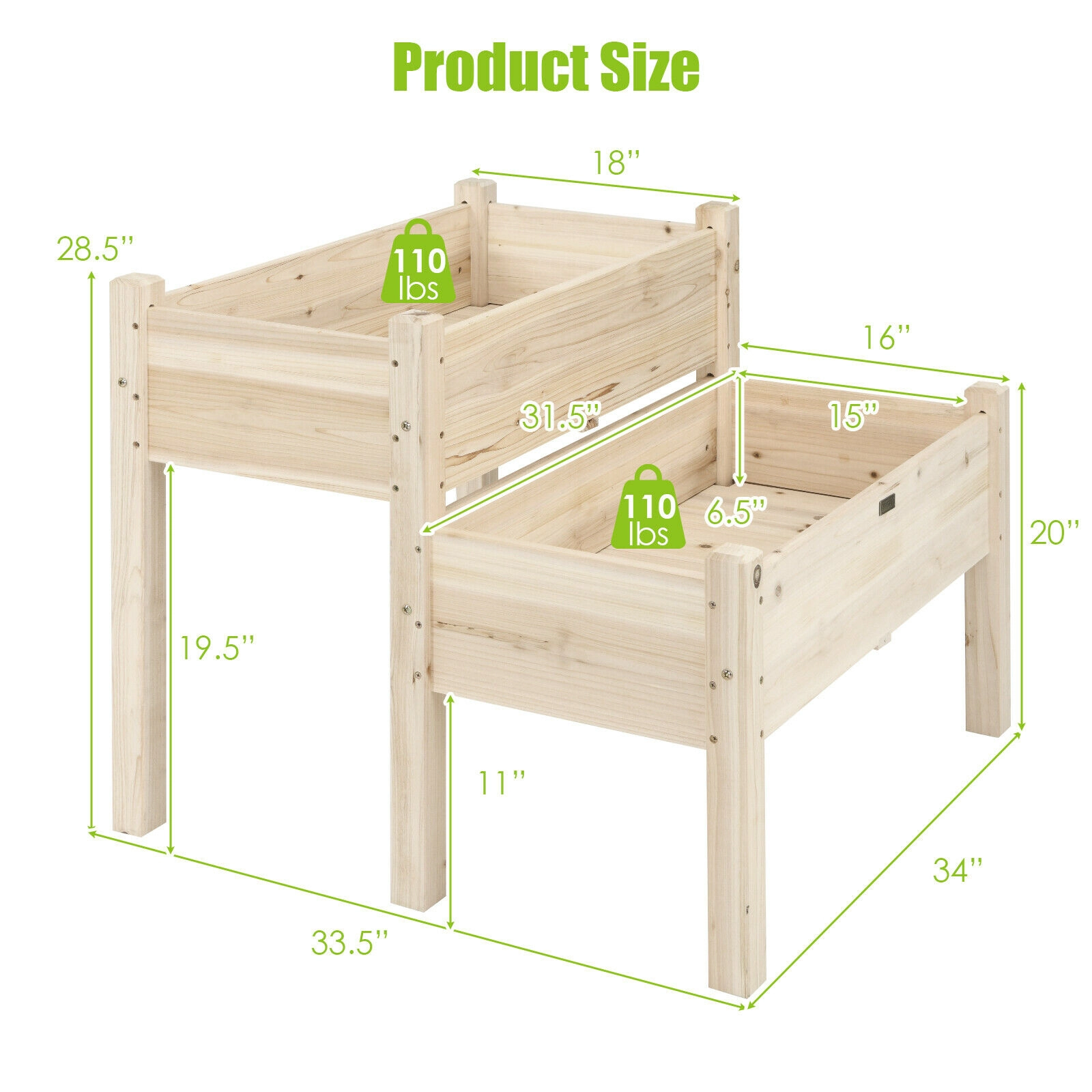SUGIFT 2-Tier 34-in 110-lb Capacity Fir Wood Elevated Raised Garden Bed with Legs and Drainage Holes