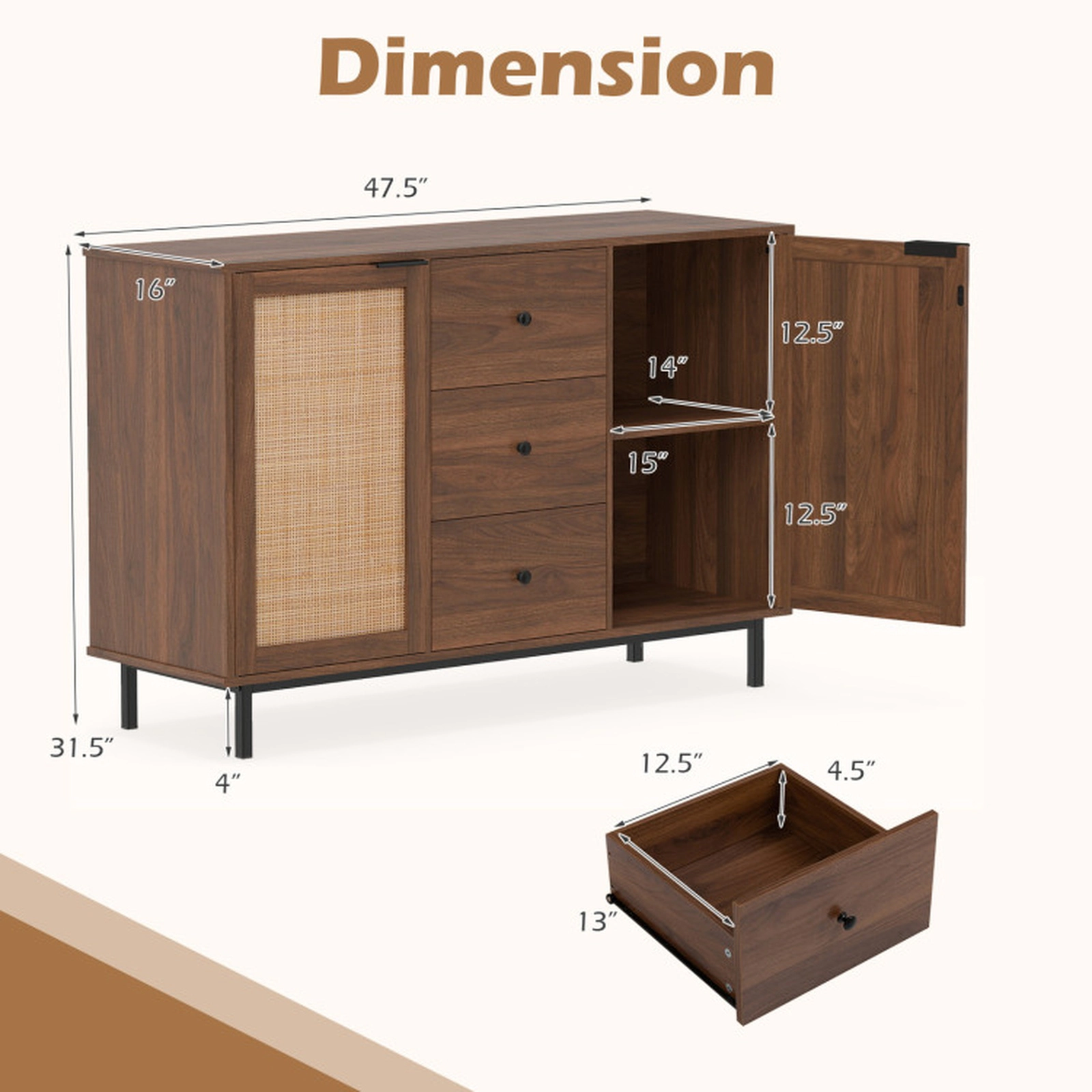 SUGIFT 3-Drawer 2 Rattan Doors Farmhouse Buffet Sideboard Cabinet 47.5-in x 16-in x 31.5-in 110-lb Capacity Brown