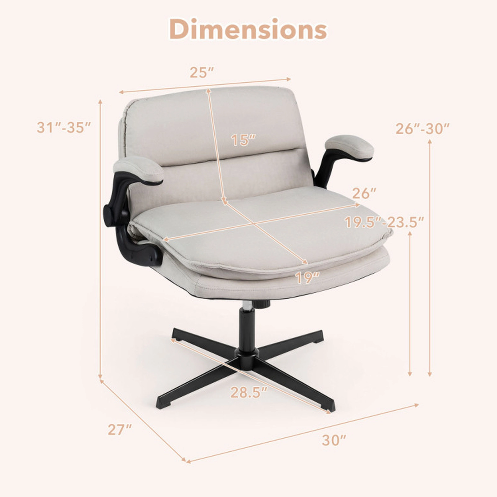 SUGIFT Flip-up Arms Wide Backrest Criss Cross Office Desk Chair 30-in x 27-in x 31-in 330-lb Capacity Beige
