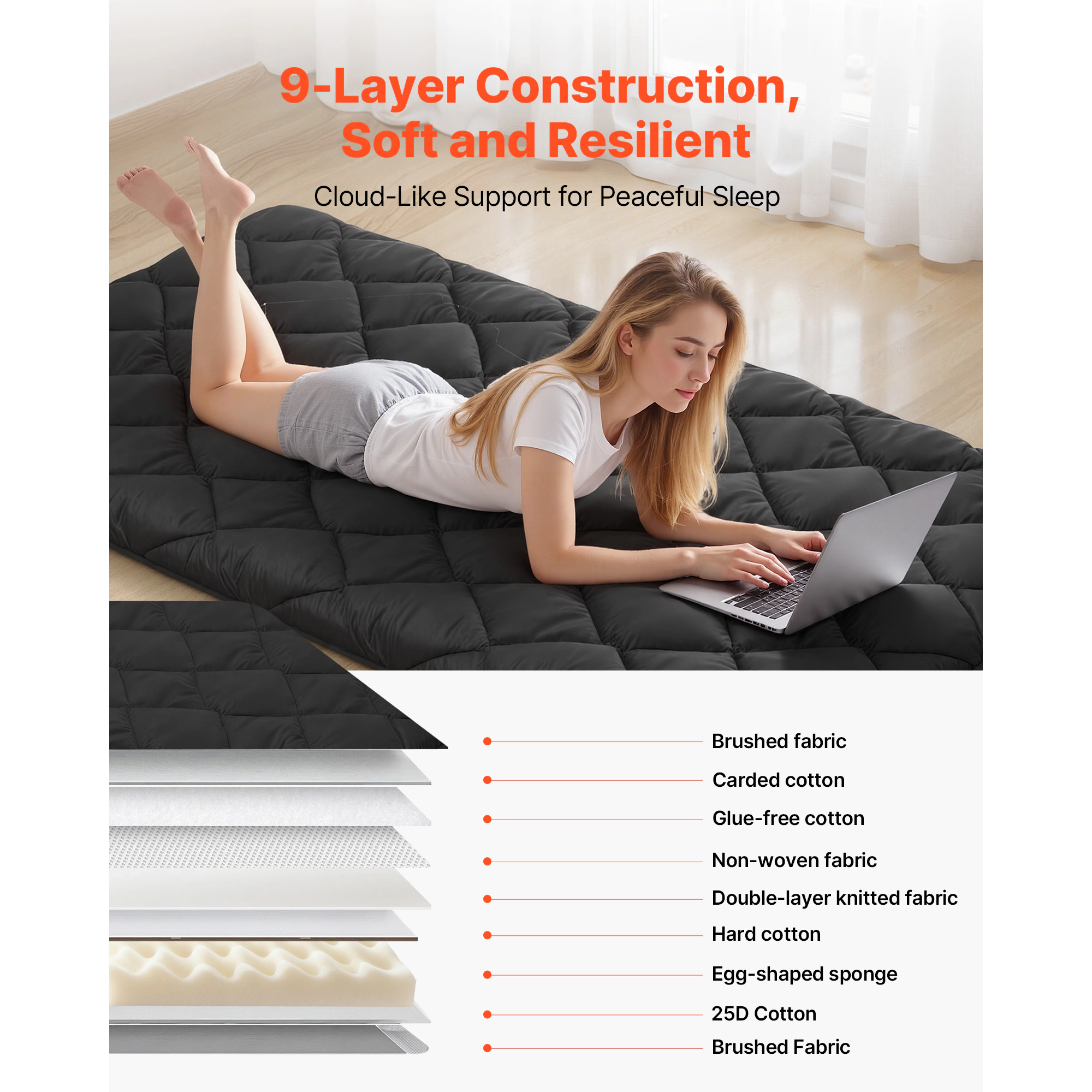 HONGGE Japanese Tatami Mat Foldable Mattress Futon with Storage Bag & Fastener 9-Layer Floor