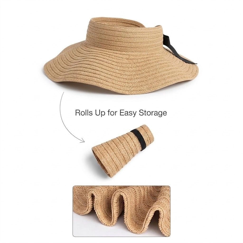 Anna-Kaci Women's Women Straw Sun Visor Hat Wide Brim Rollable Packable Adjustable Open Top Summer Hat