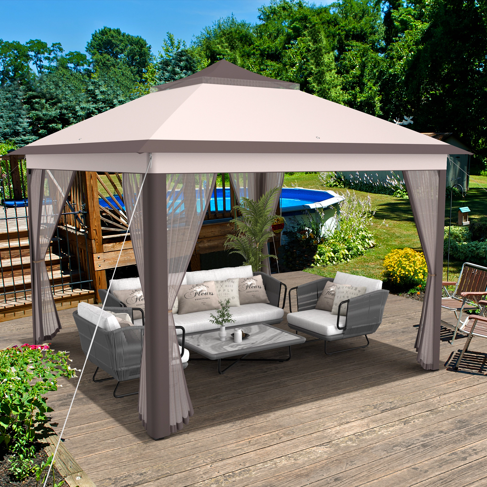 SUGIFT 11-ft x 11-ft Beige 2-Tier Pop Up Gazebo Canopy Tent with Mesh Screens and Carry Bag for Patio