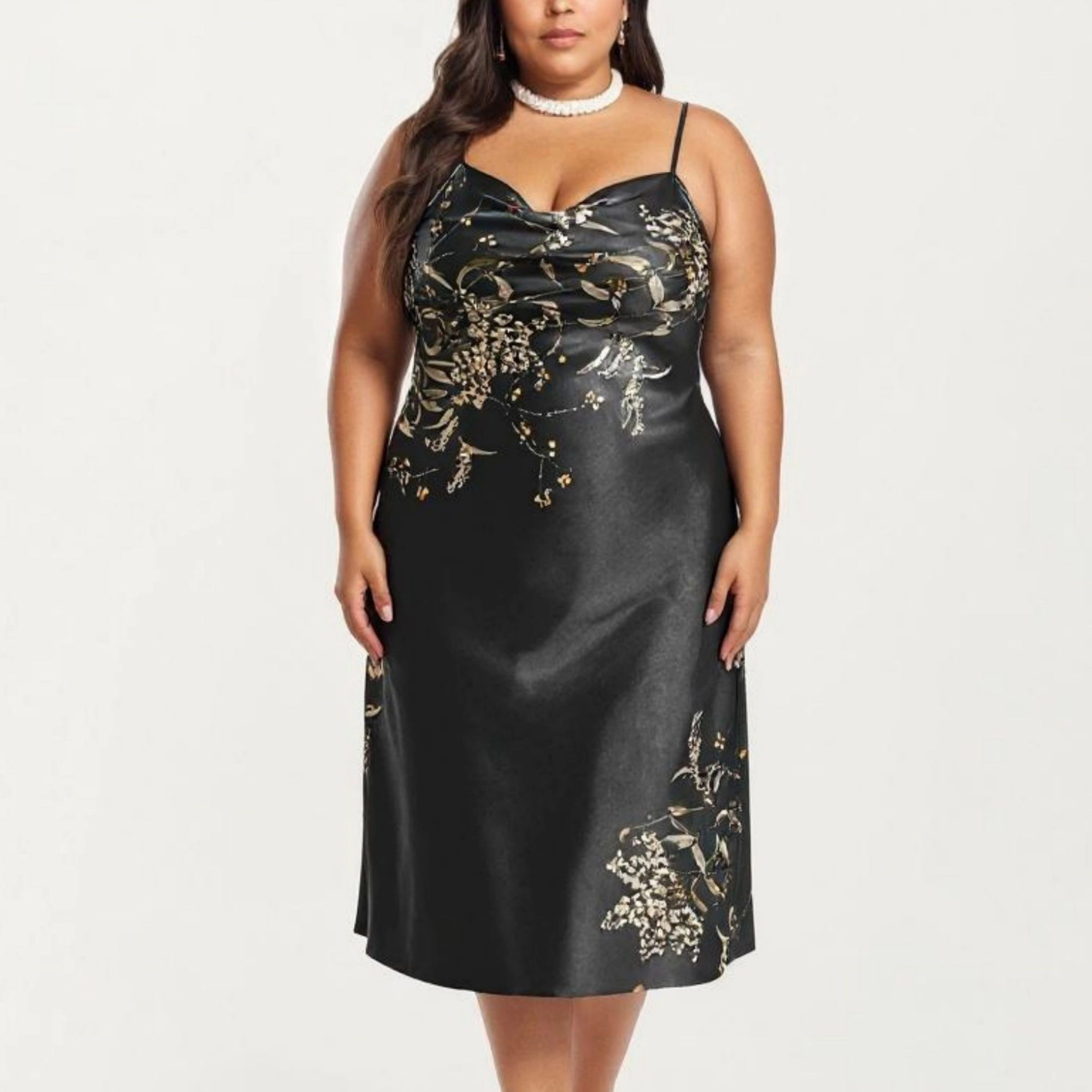 Anna-Kaci Women's Plus Satin Floral Slip Nightgown Adjustable Spaghetti Straps Cowl Neck Midi Length Dress