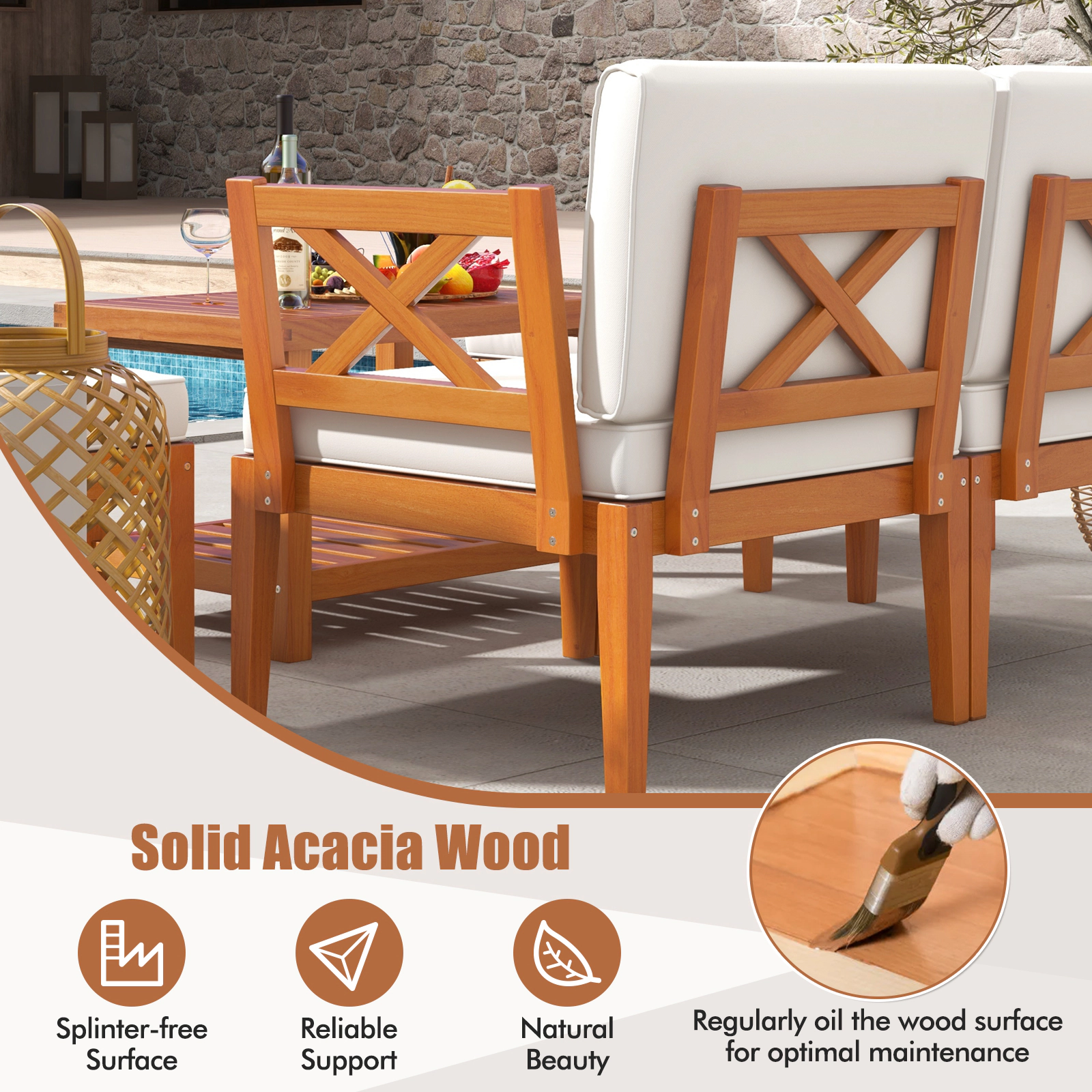 SUGIFT Coffee Table 5-Piece Off White Acacia Wood Patio Sectional Conversation Set