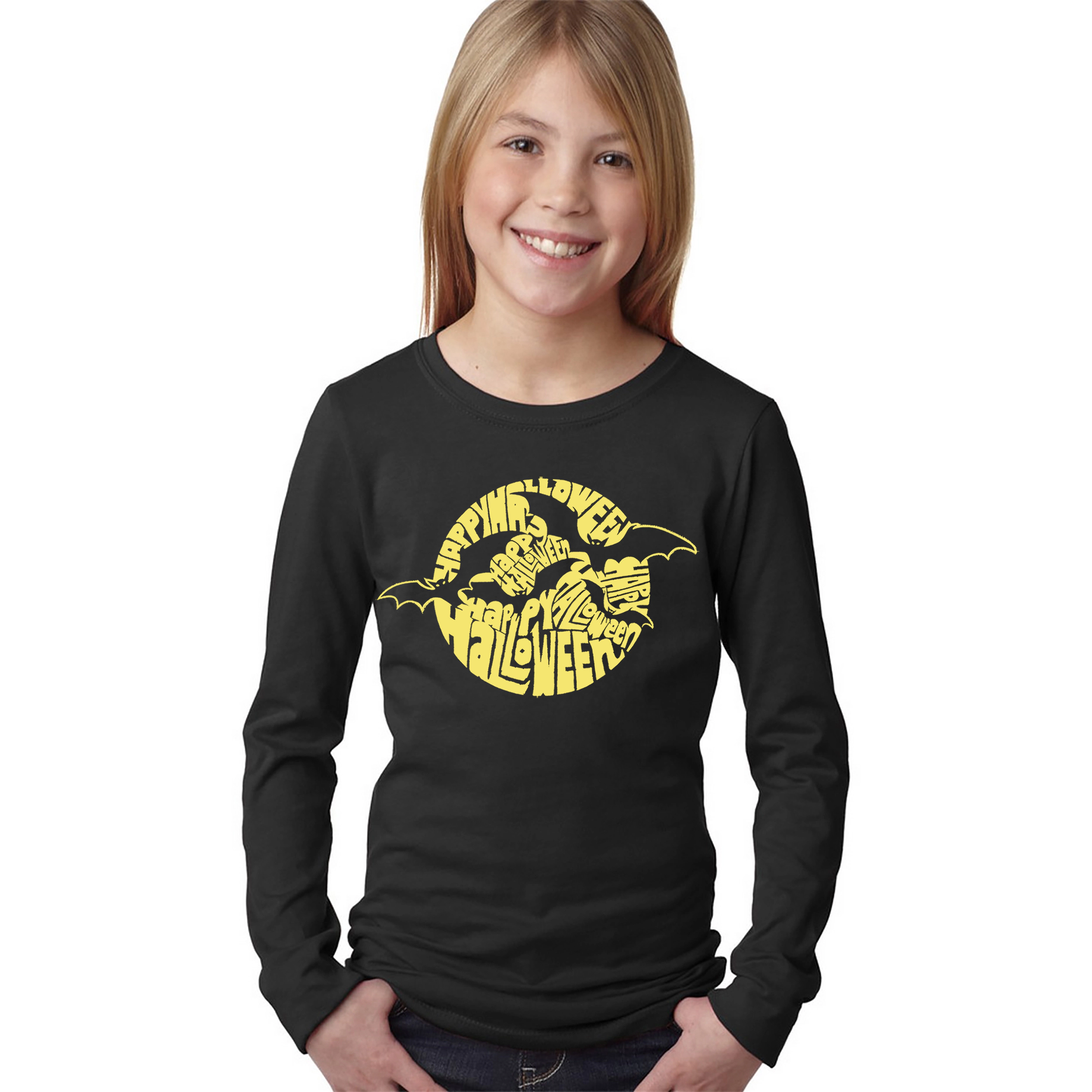 LA Pop Art Girls Long Sleeve Word T-Shirt - Girl's Halloween Bats