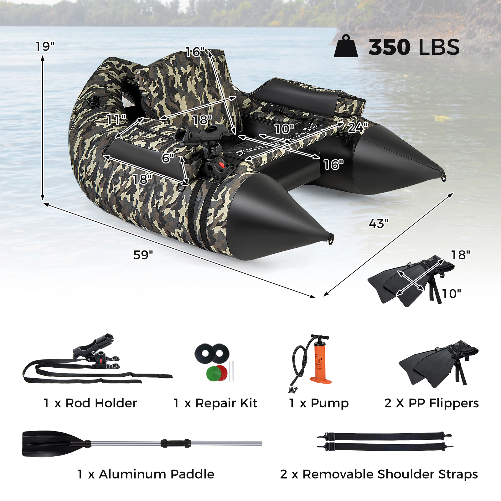 SUGIFT Adult Camouflage Fishing Float Tube with Adjustable Backrest and Carry Straps 59-in W 350-lb Load Capacity