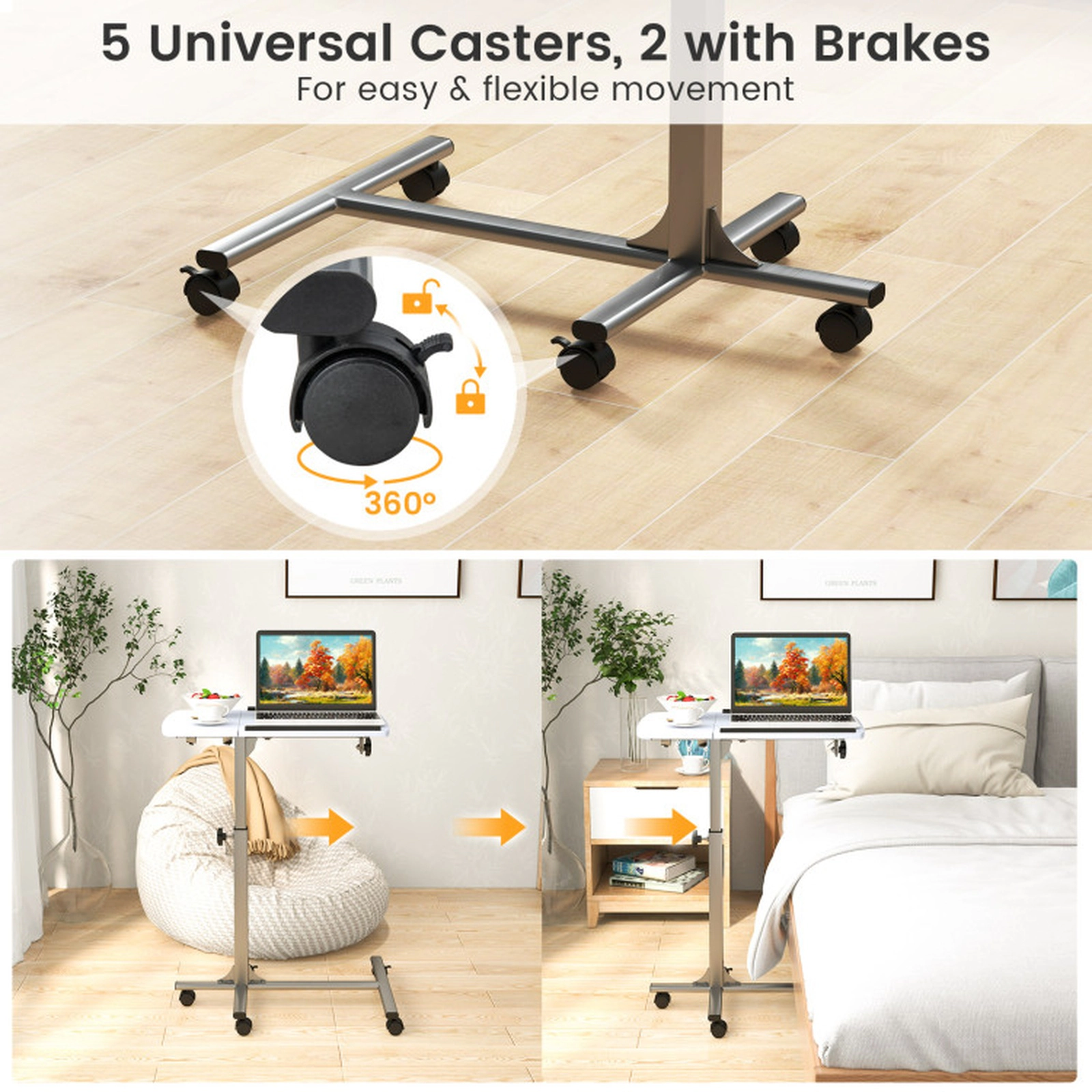 SUGIFT Tilting Top Swivel Casters Rolling Laptop Desk 23.5-in x 16-in 24.5-in to 36-in Height 33-lb Capacity White
