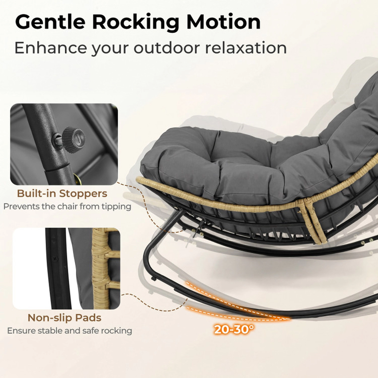 SUGIFT Gray Wicker Papasan Egg Rocking Chair with 6.5-Inch Cushion and Anti-Tip Stoppers