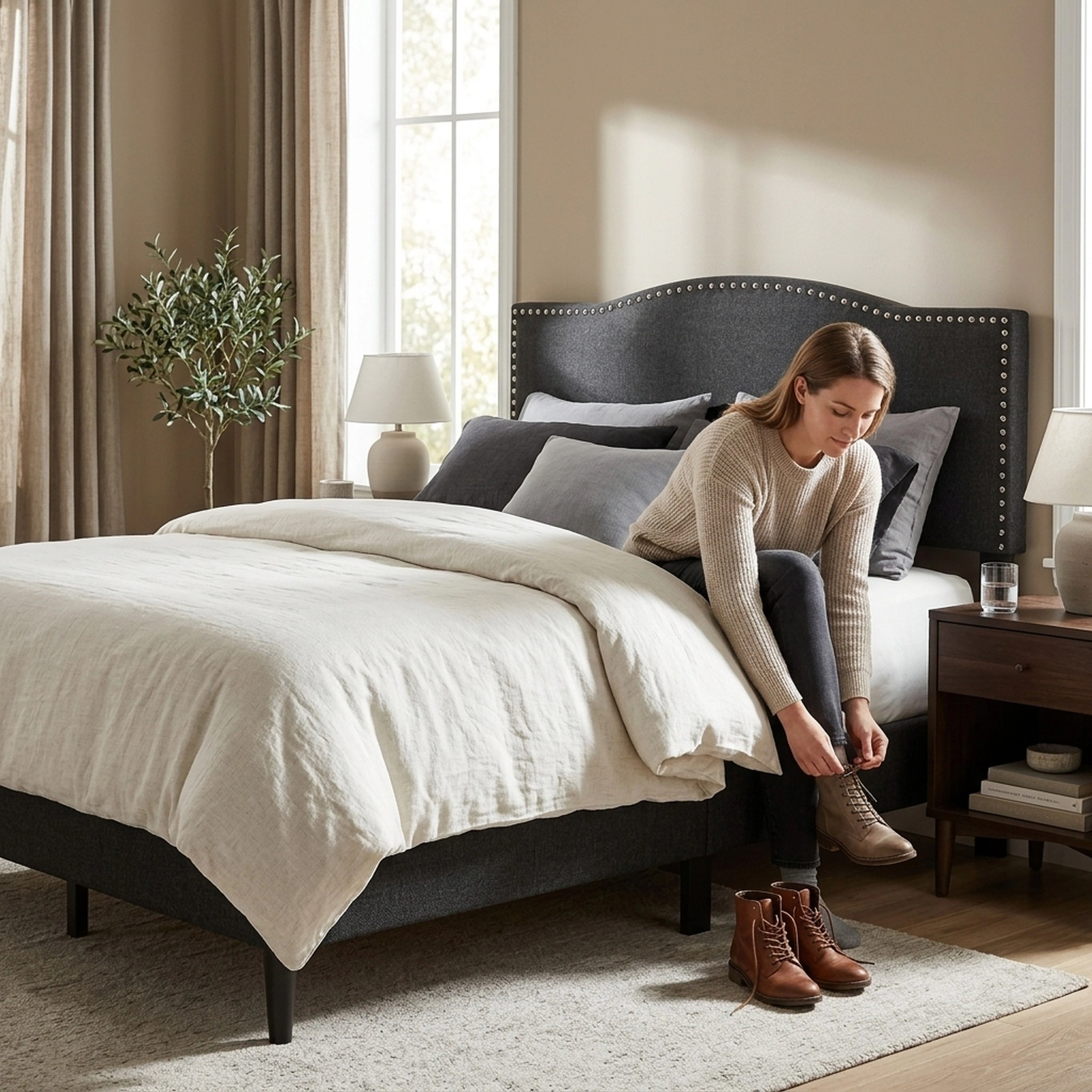 SUGIFT Queen Upholstered Platform Bed Frame, Linen Headboard, Nailhead Trim, Black