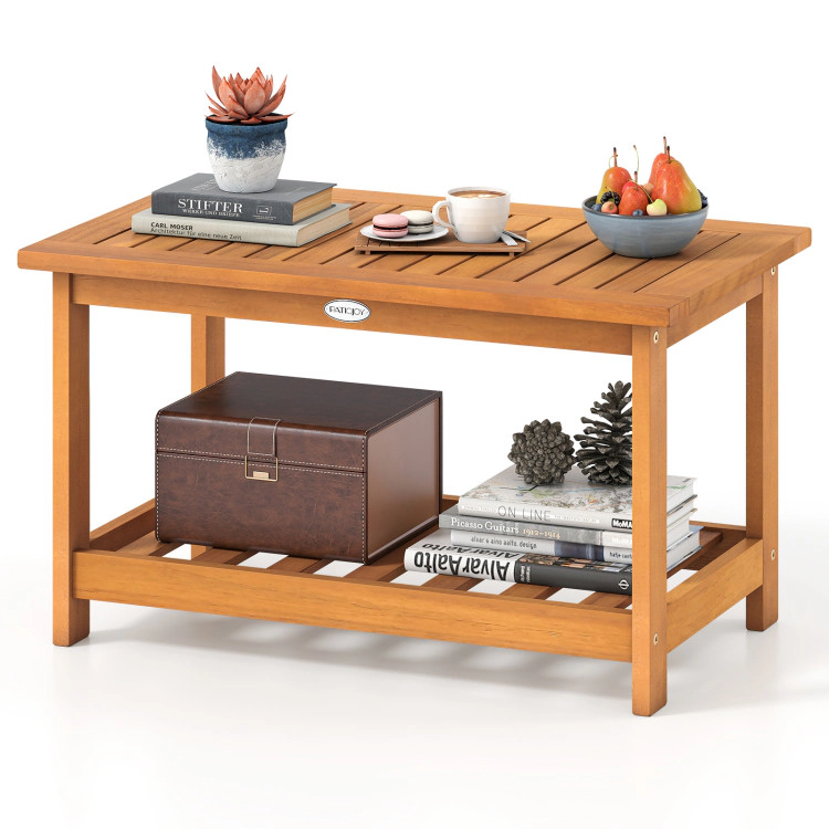Hivvago Patio Acacia Wood Coffee Table 2-Tier Rectangular Center Table