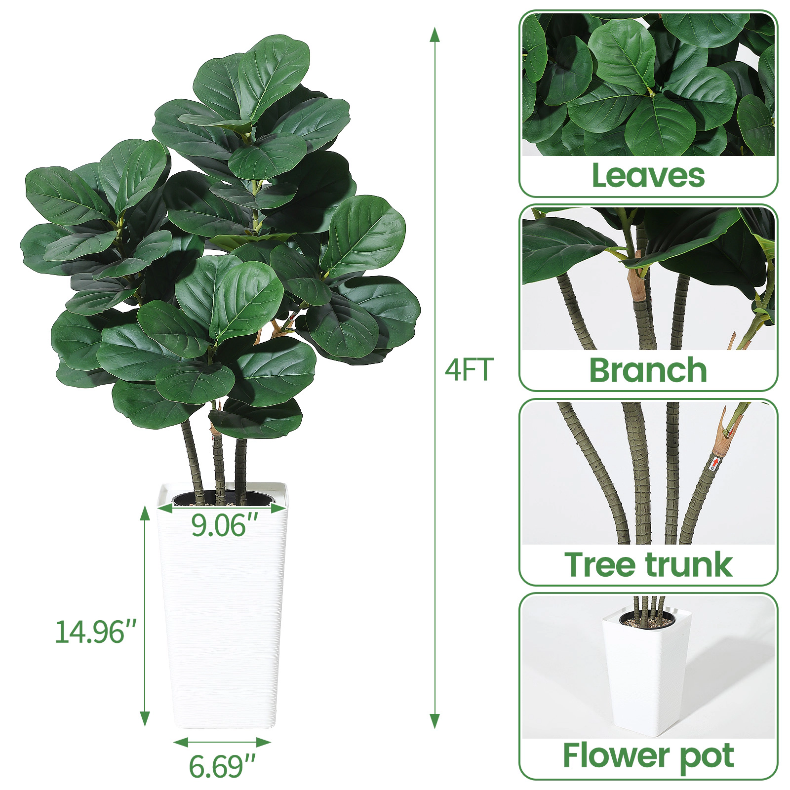 4FT Artificial Fiddle Leaf Tree Faux Ficus Lyrata Silk Plant with White Planter, Realistic Floor Fig for Living Room