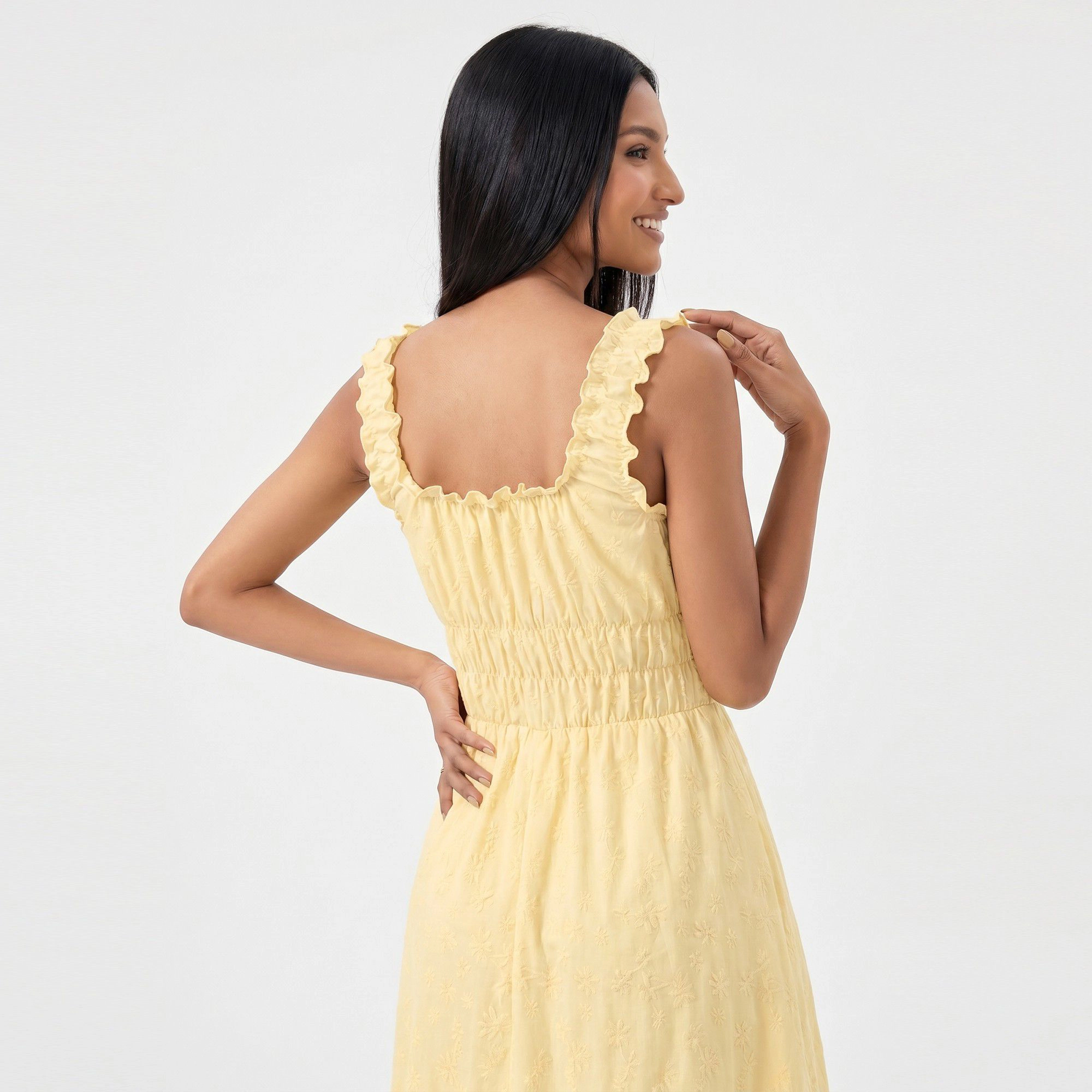 Anna-Kaci Women's Smocked Ruffle Straps Tie Front Neckline Maxi Dress