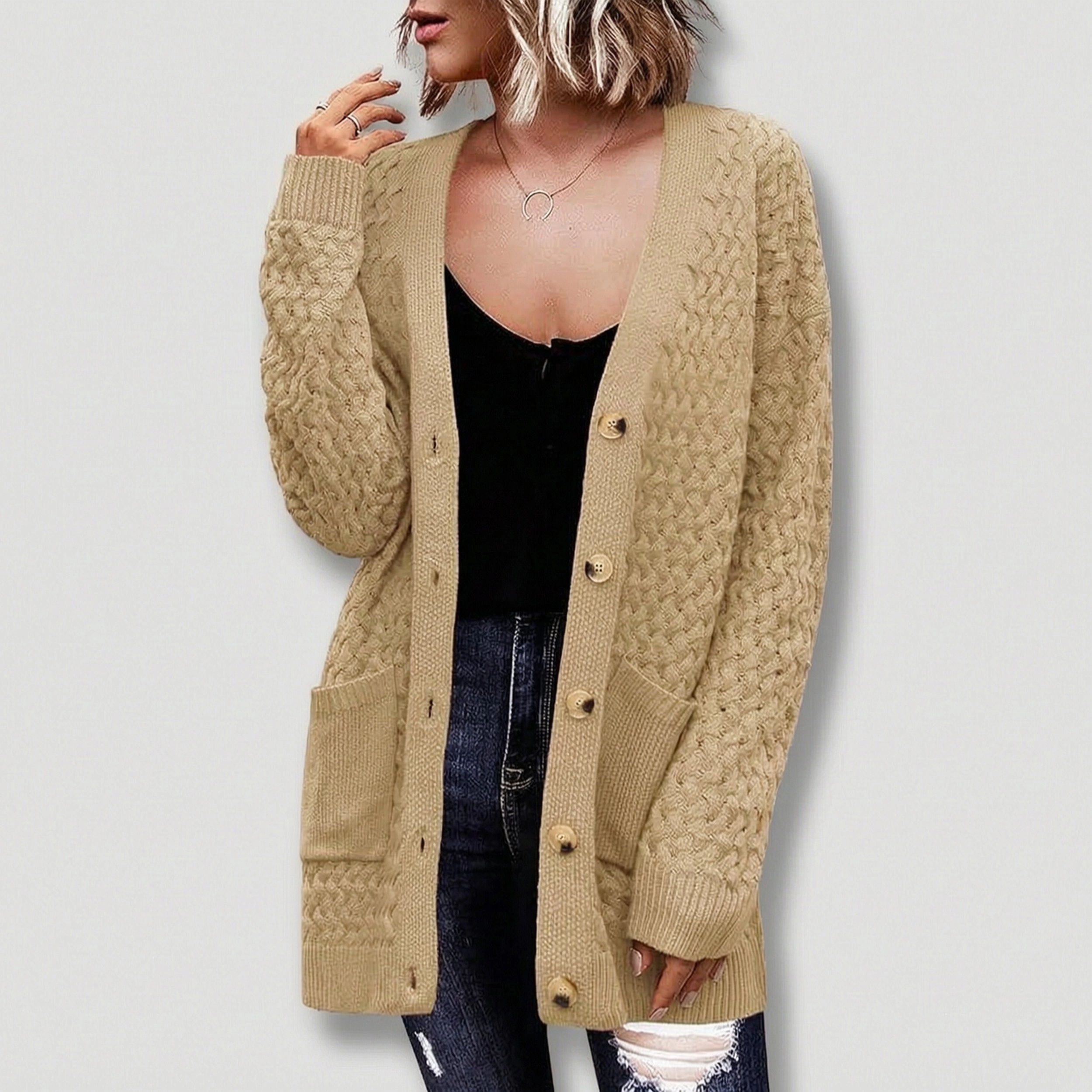 Zeagoo Women's Chunky Cable Knit Button Down Open Front Cardigan with Pockets