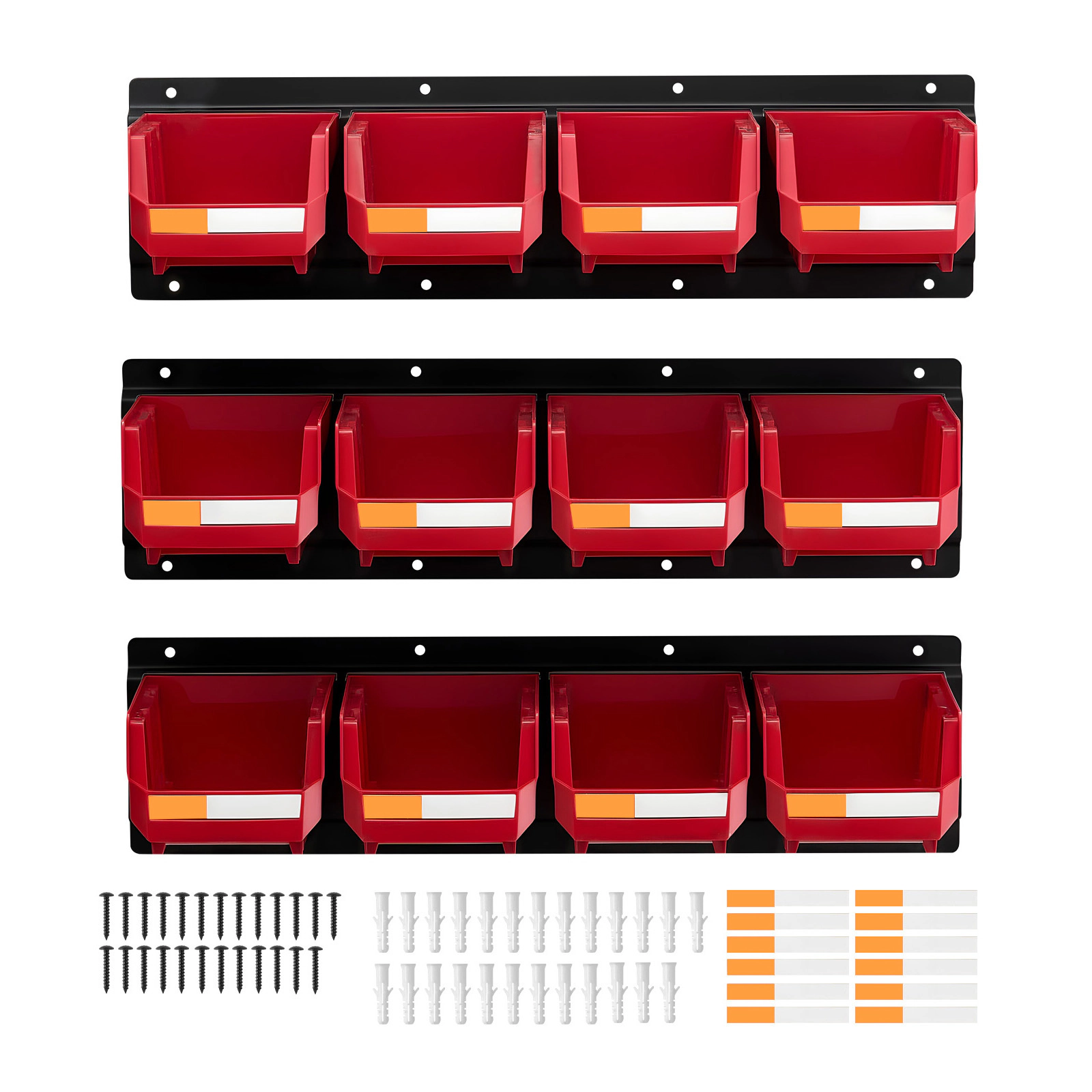 HONGGE Wall Mounted Storage Bins 12 Plastic Bins & 3 Metal Rails Plastic Hanging Stackable Storage Bin for Screws Nuts