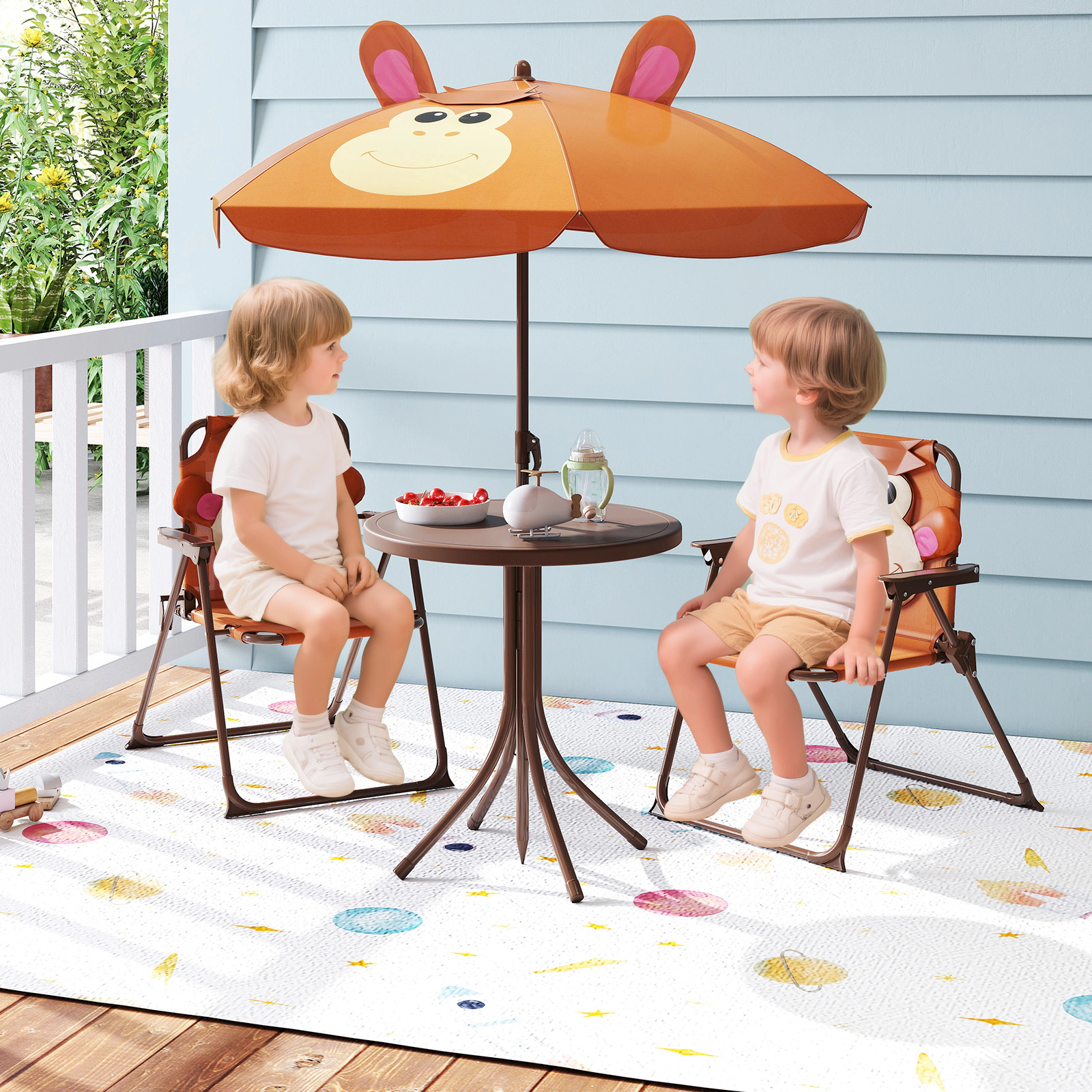 SUGIFT 2 Chairs and Height Adjustable Umbrella 4-Piece Kids Folding Picnic Set
