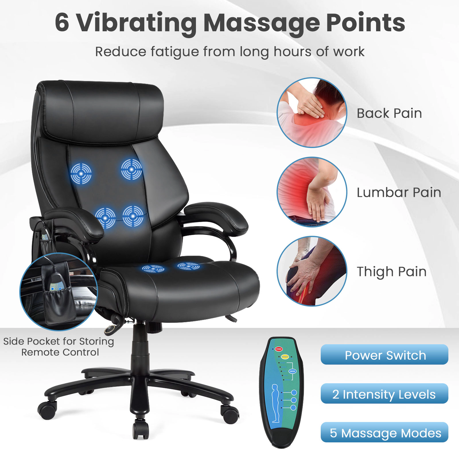 SUGIFT Big and Tall Reclining Massage Office Chair, 400-lb Capacity, Black Faux Leather