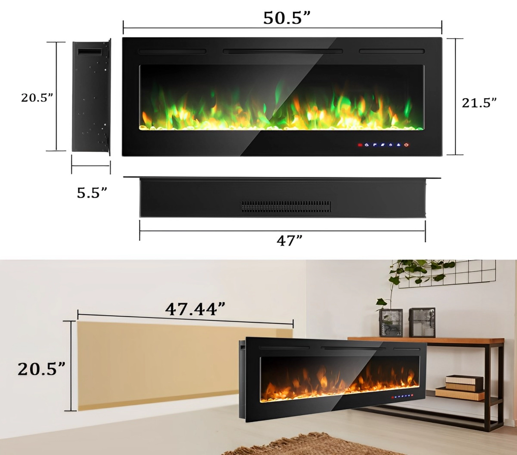 SUGIFT 50-Inch Recessed and Wall-Mounted Electric Fireplace with 9 Flame Colors Black