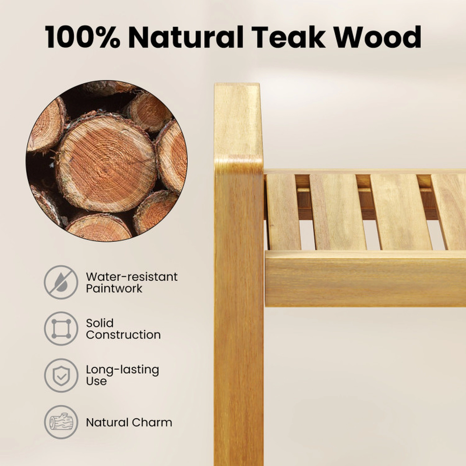 SUGIFT Teak Wood Shower Bench Stool, Slatted Seat, Dual Handles, 242-Lb Capacity