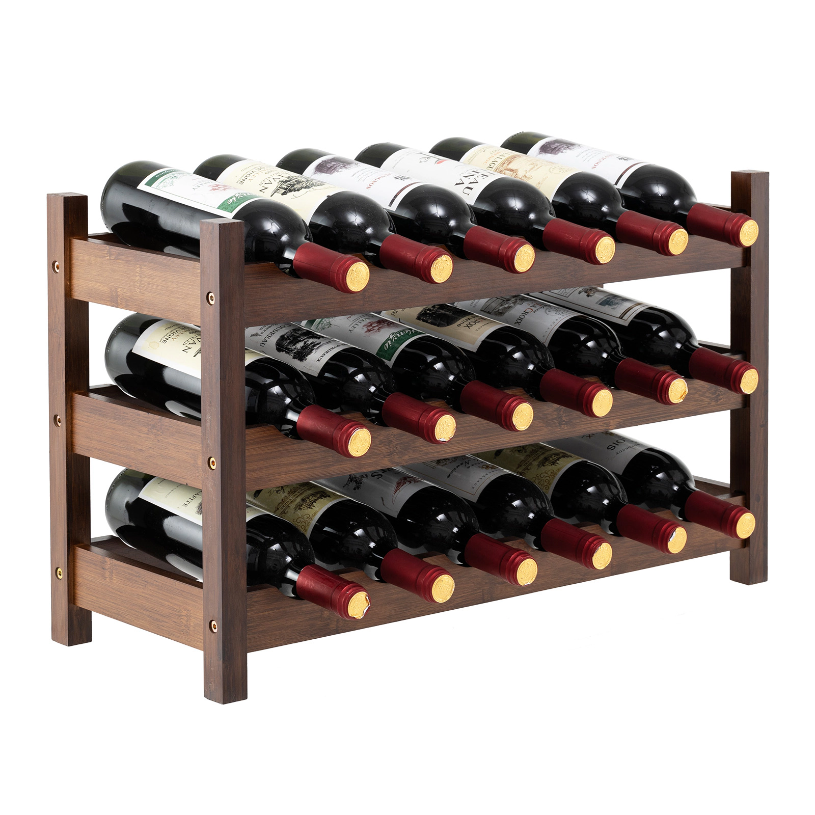 SUGIFT Coffee 3-Tier Bamboo Countertop Wine Rack 18-Bottle Freestanding Storage Shelf for Kitchen Bar