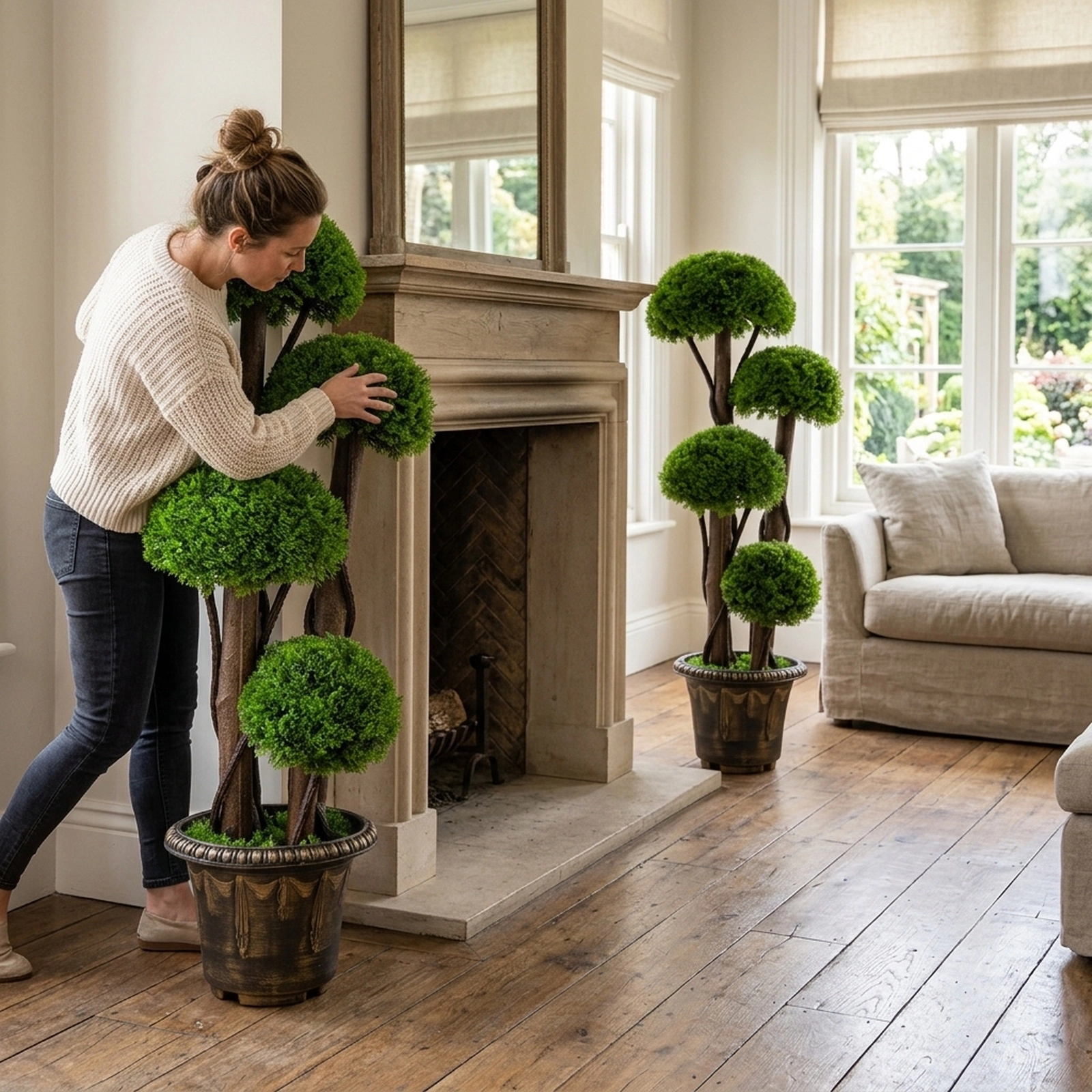 SUGIFT Set of 2 3-ft Realistic Artificial Cypress Topiary Trees with Spiral Vines and Cement-Filled Pots