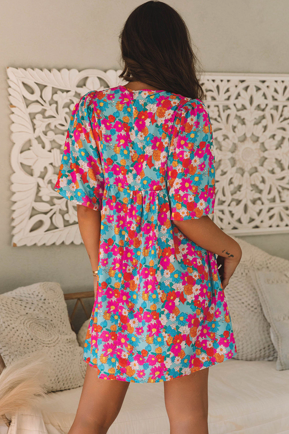 Threaded Pear Women's Lena Floral Bubble Sleeve Babydoll Dress