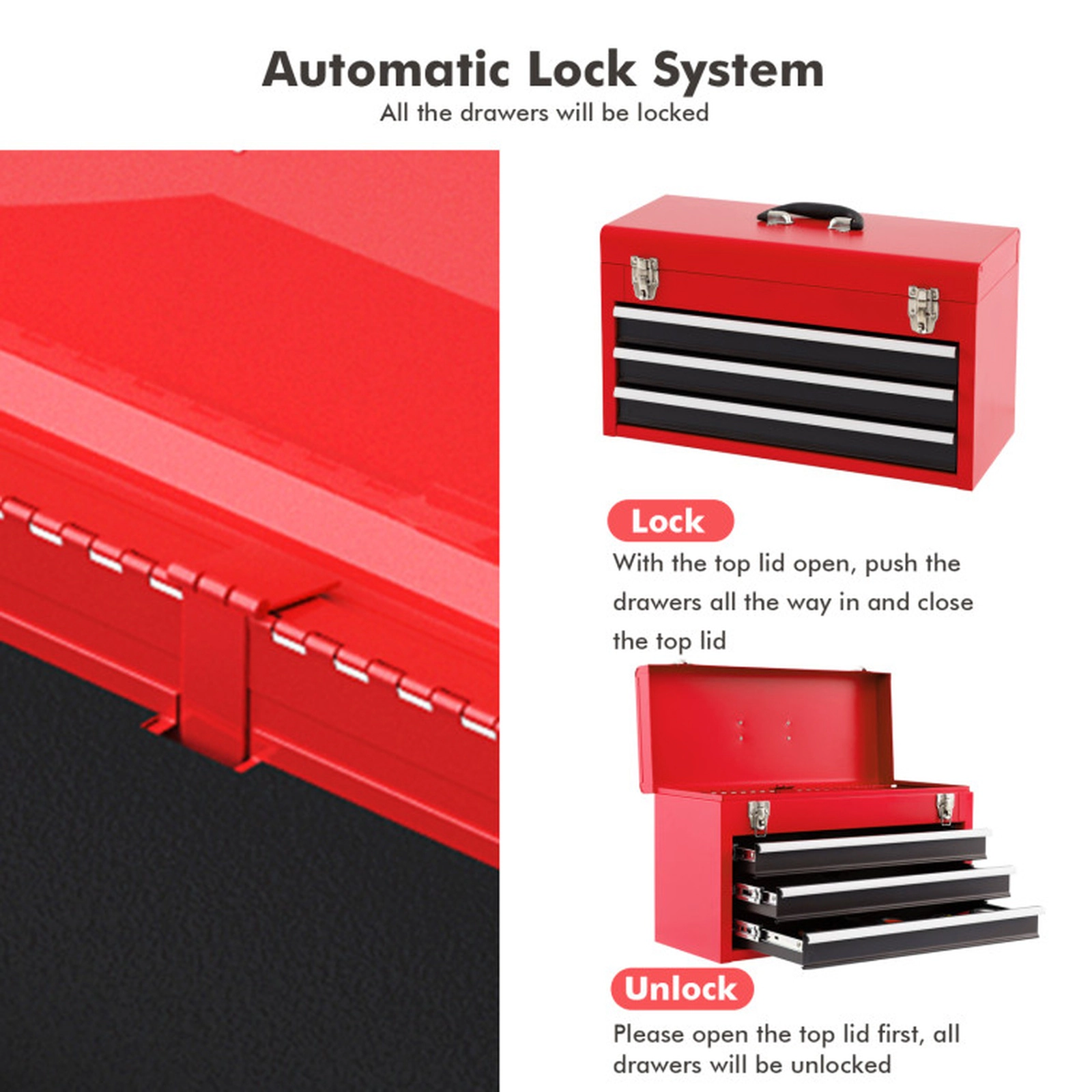 SUGIFT 3-Drawer Ball Bearing Slides Lockable Steel Portable Tool Chest 20.5-in x 8.5-in x 12-in 22-lb per Drawer Red