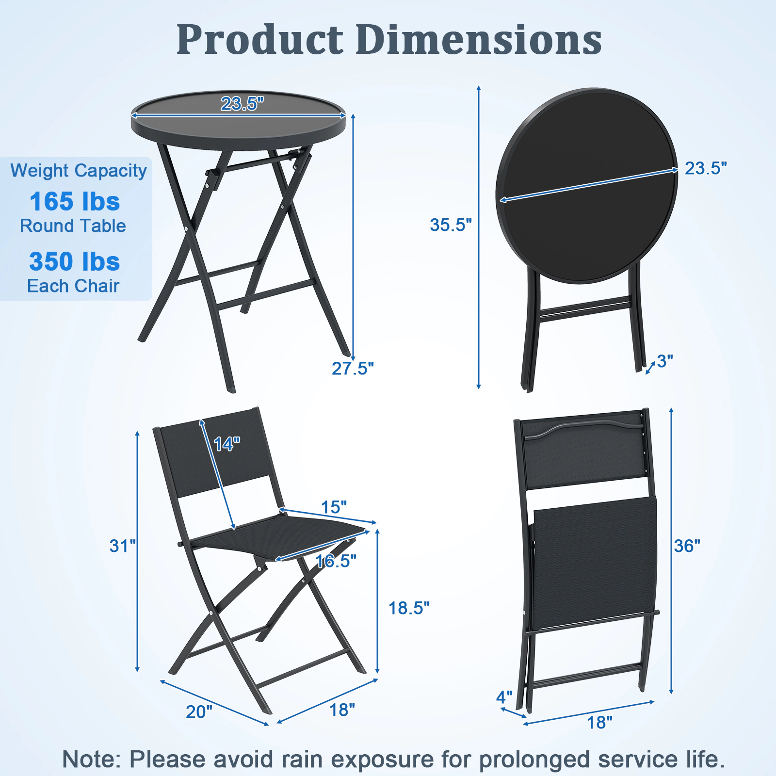 SUGIFT 3 Piece Folding Patio Bistro Set Black with Tempered Glass Table and 2 Chairs