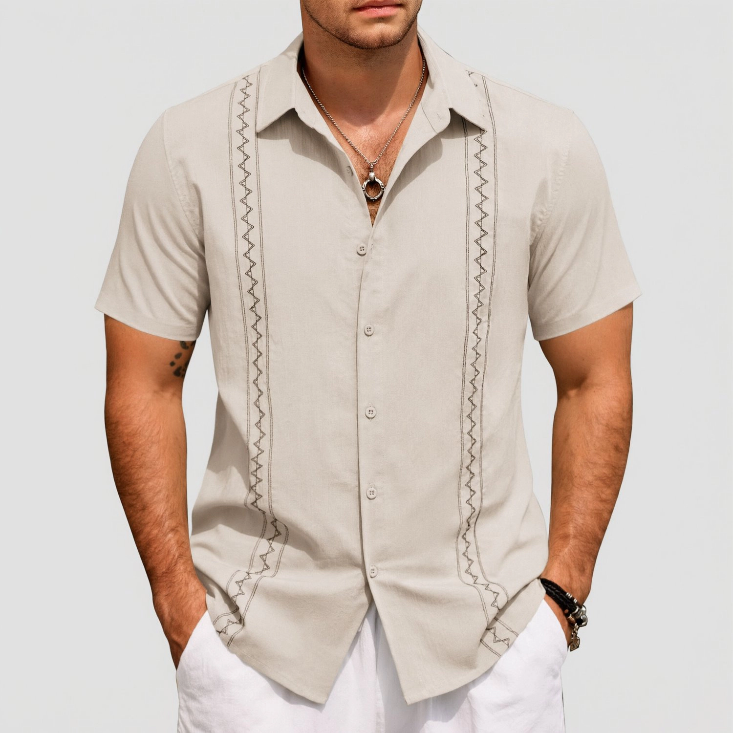 COOFANDY Mens Short Sleeve Button Down Shirt Lapel Collar Zigzag Stripe Casual Tops