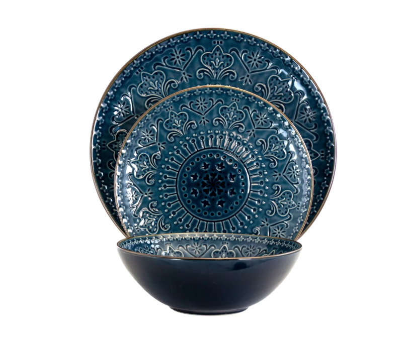 Elama Deepsea Mozaic Unisex 16 Piece Round Stoneware Dinnerware Set in Sea Blue