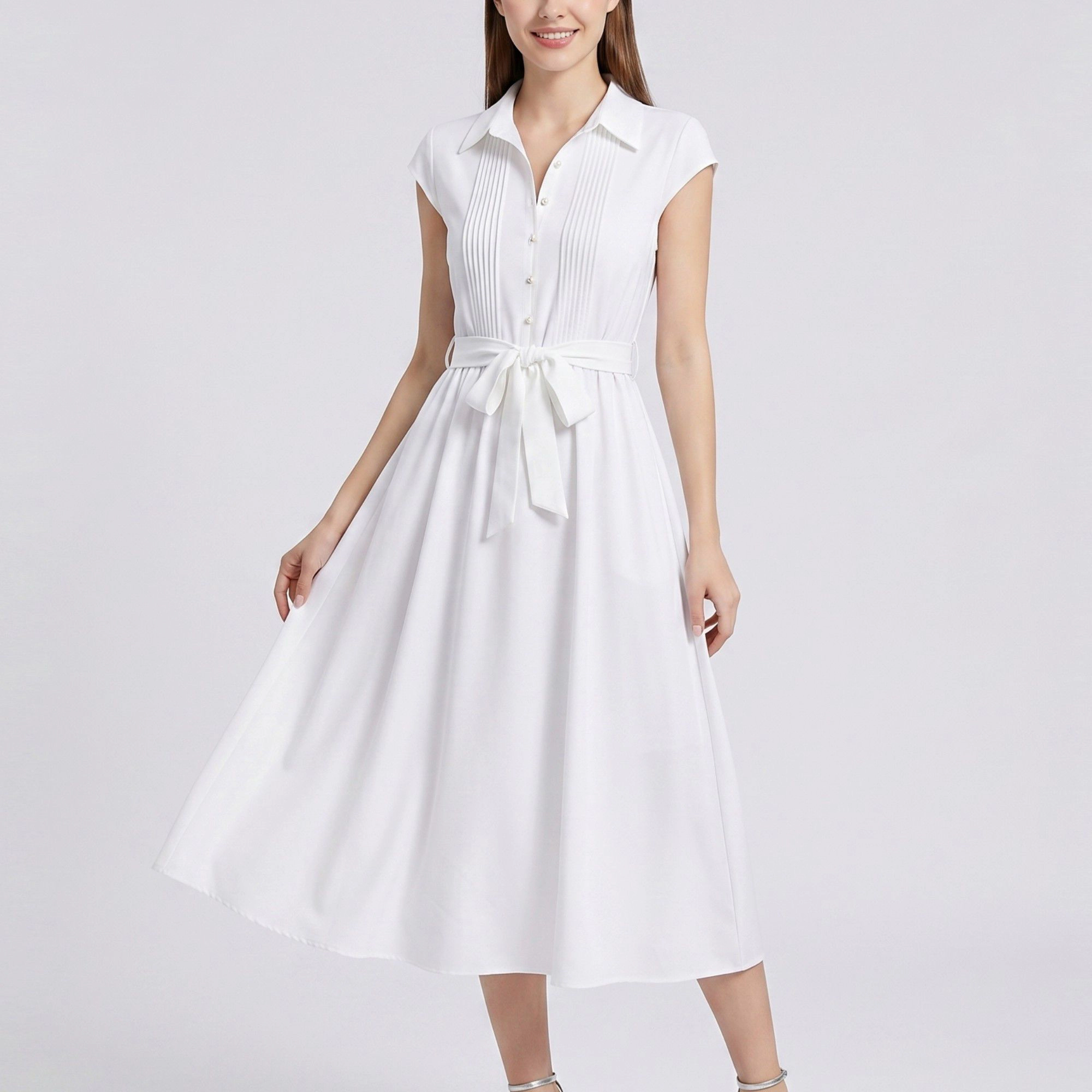 Anna-Kaci Women's Collared Button Front Cap Sleeve Midi Pintuck Bodice Tie Waist Shirt Dress