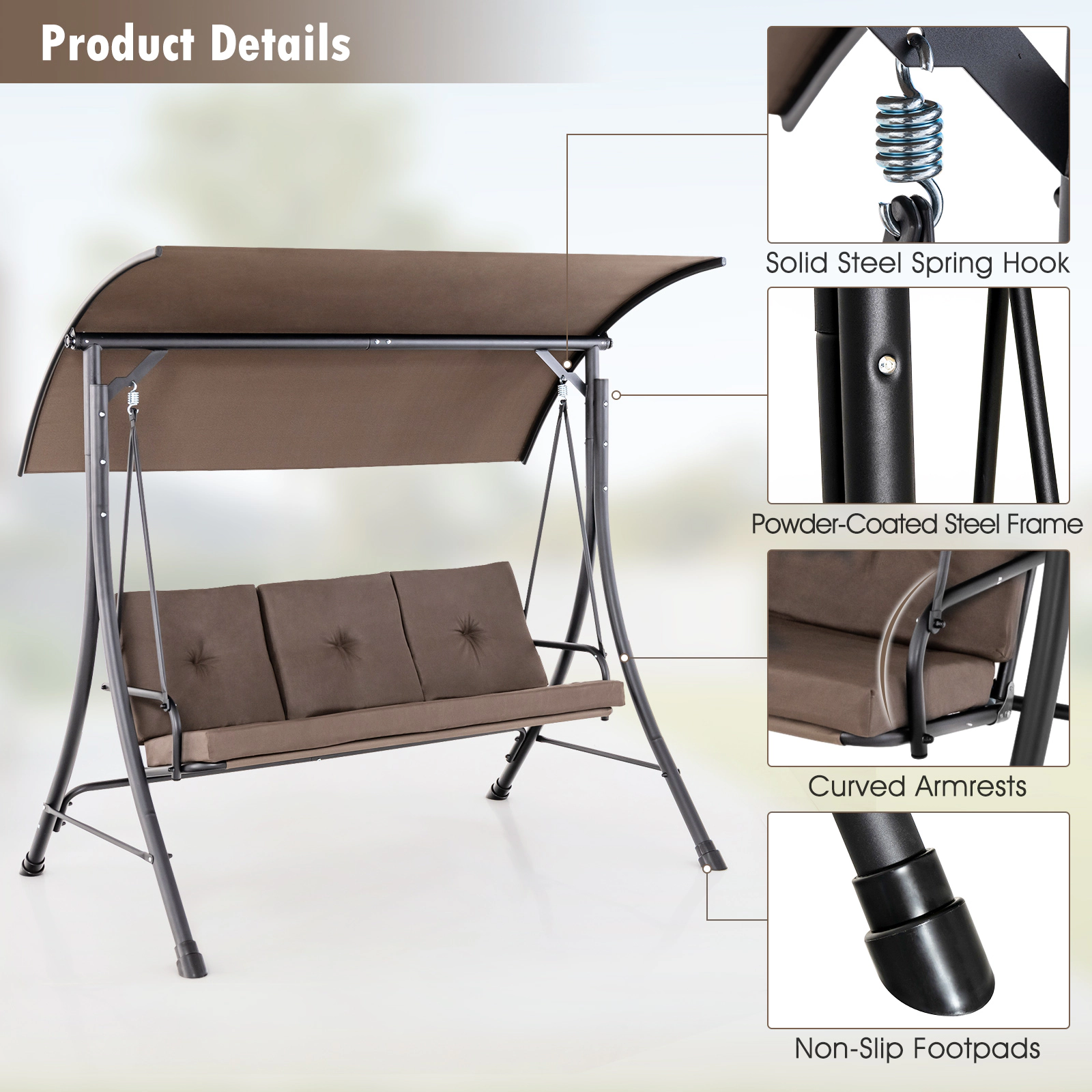 SUGIFT Brown 3-Seat Porch Swing with 240-Degree Canopy, Olefin Cushions, 800-Lb Capacity