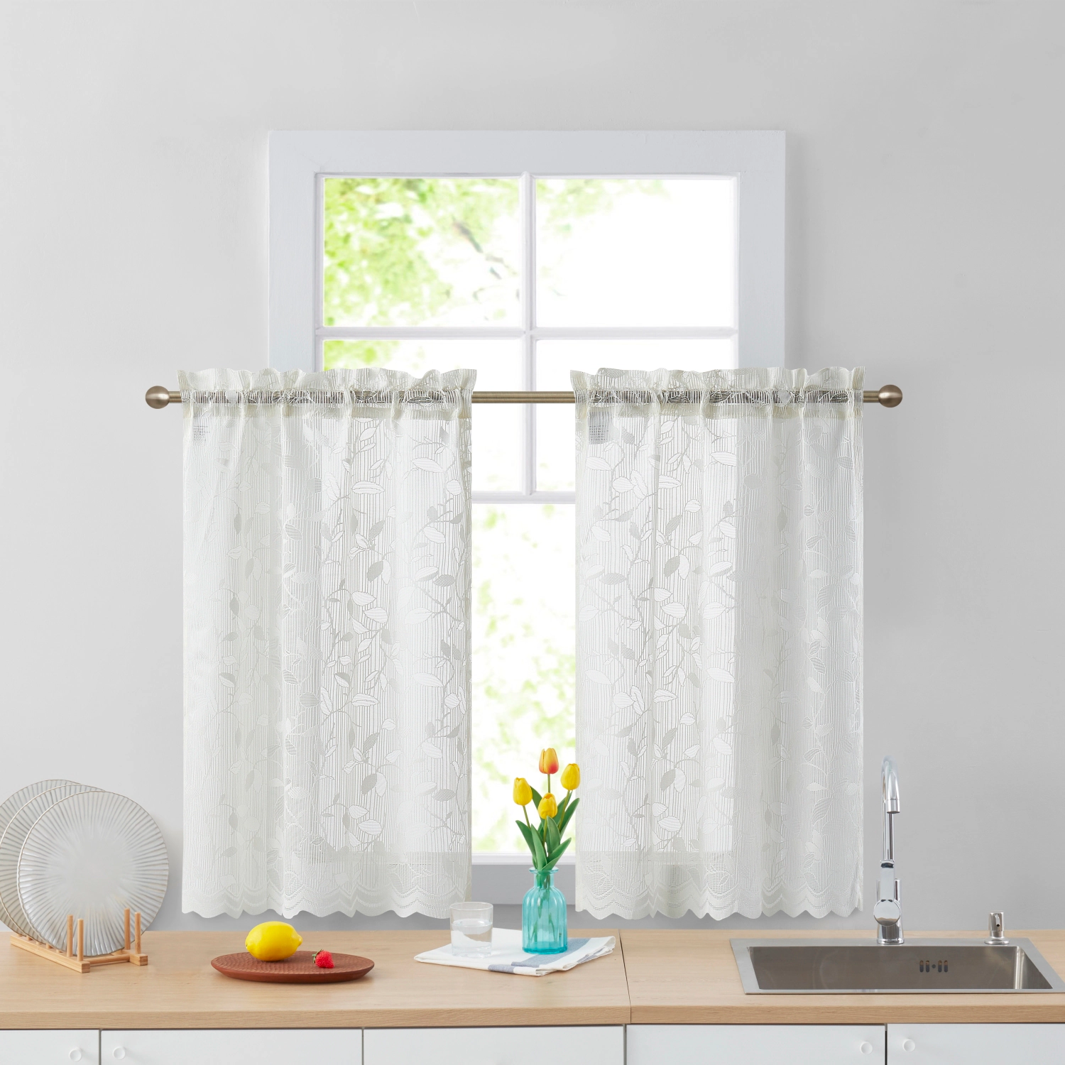 HLC.ME Joyce Lace Sheer Kitchen Cafe Curtain Tiers for Small Windows, & Bathroom - Set of 2