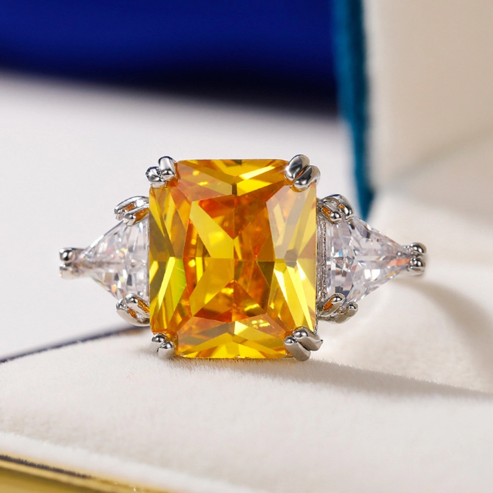Wardrobe Whimsy Radiant Cut Yellow Cubic Zirconia Three Stone Statement Ring Elegant Fashion Jewelry