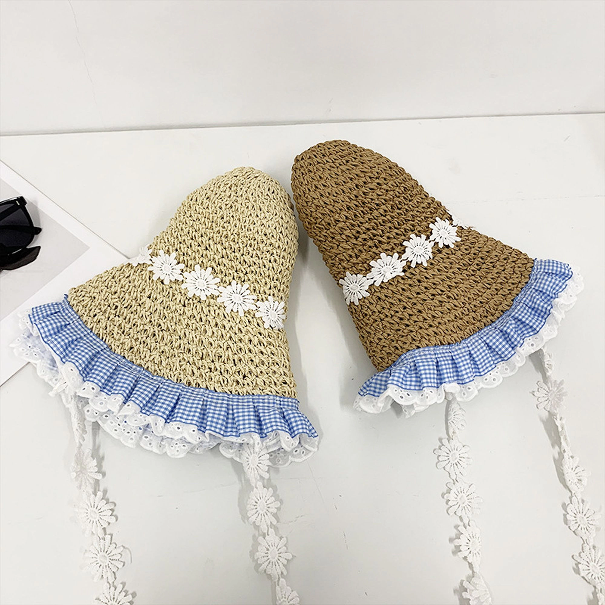 Anna-Kaci Women's Straw Sun Hat with Gingham & Lace Trim